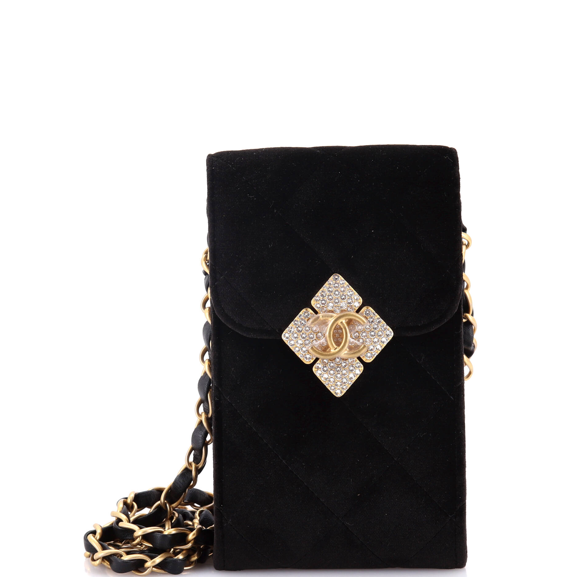 Diamond Lock CC Phone Holder with Chain Quilted Velvet with Crystals