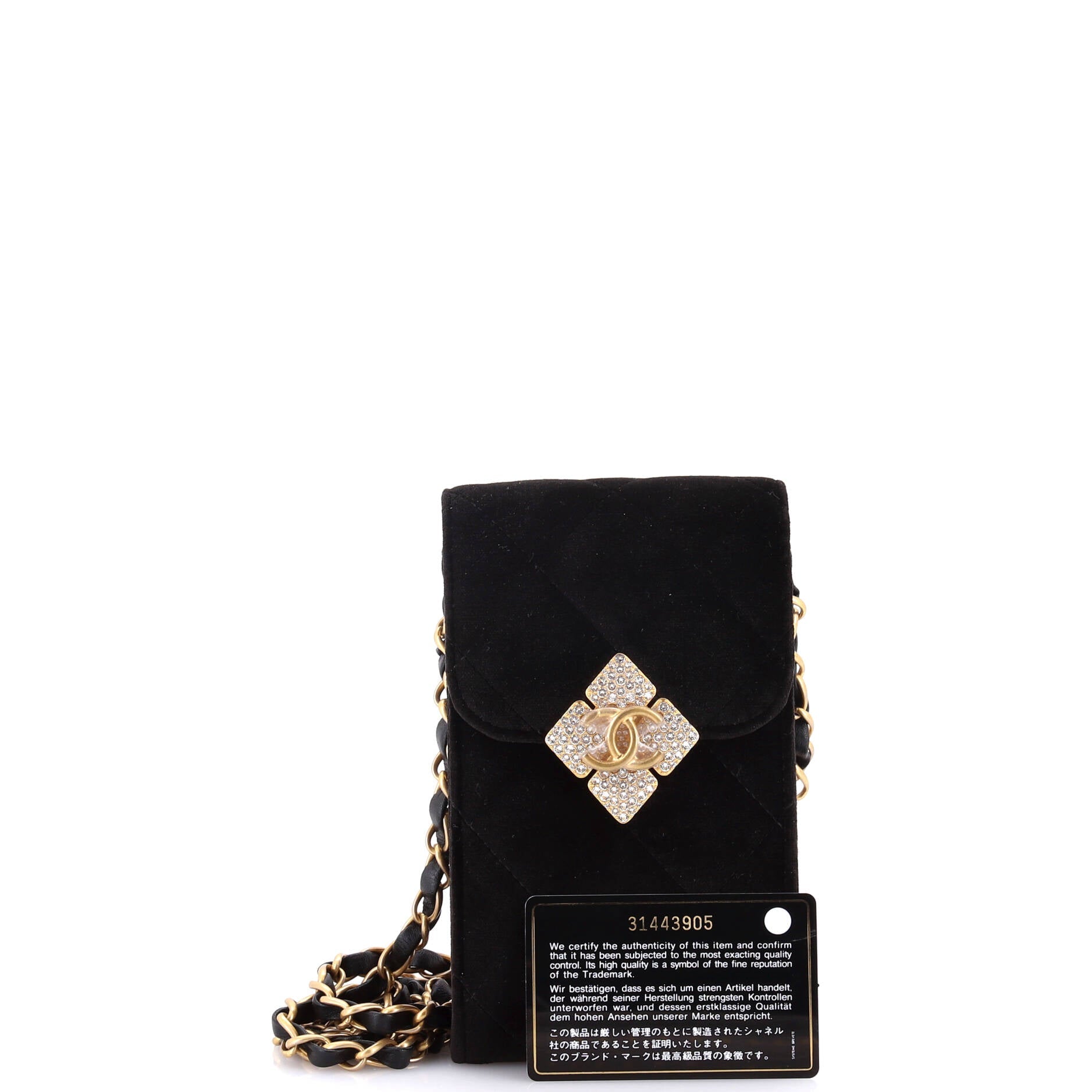Diamond Lock CC Phone Holder with Chain Quilted Velvet with Crystals