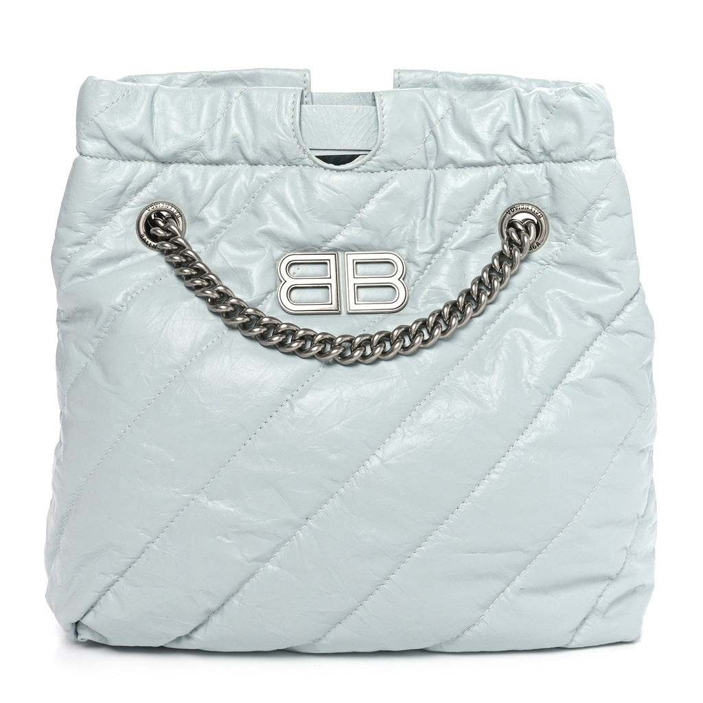 Crushed Calfskin Quilted Crush Small Tote Bag Light Blue