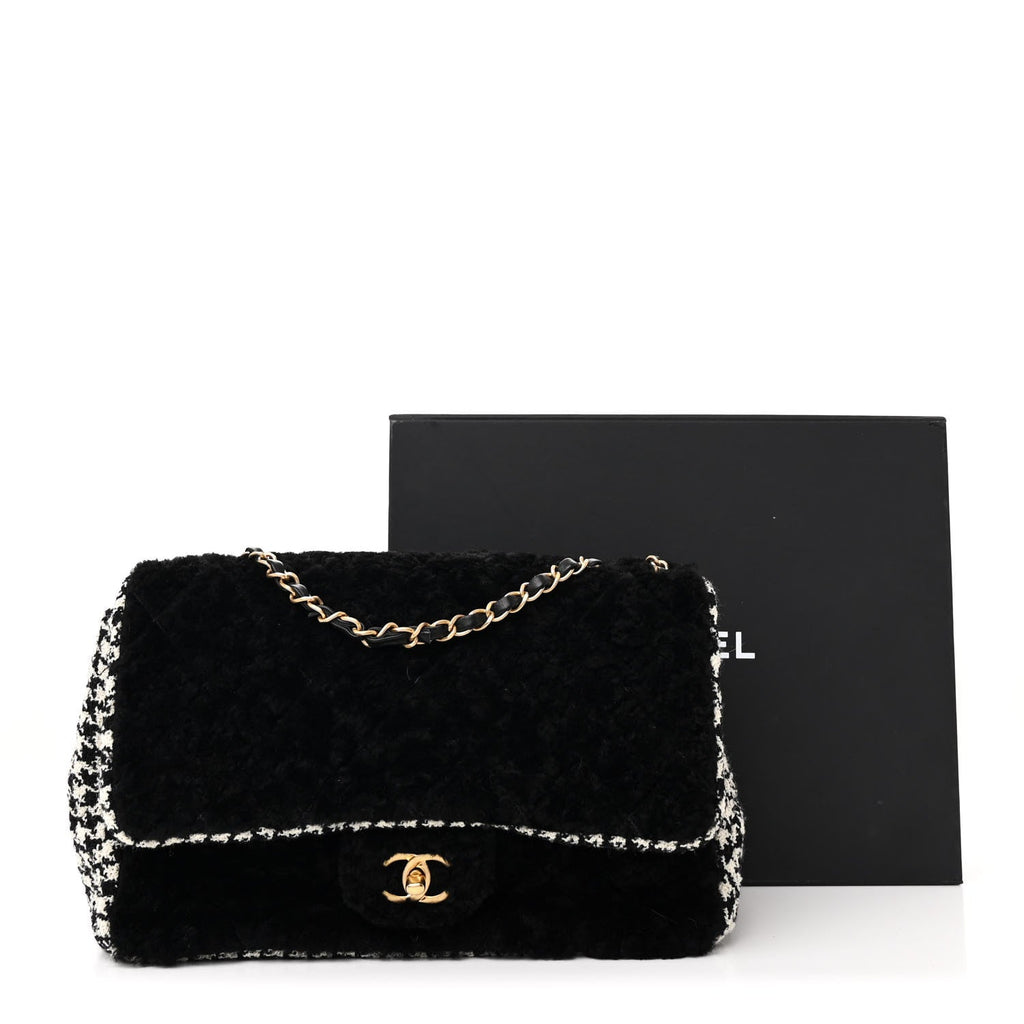 Shearling Tweed Jumbo Single Flap Black White