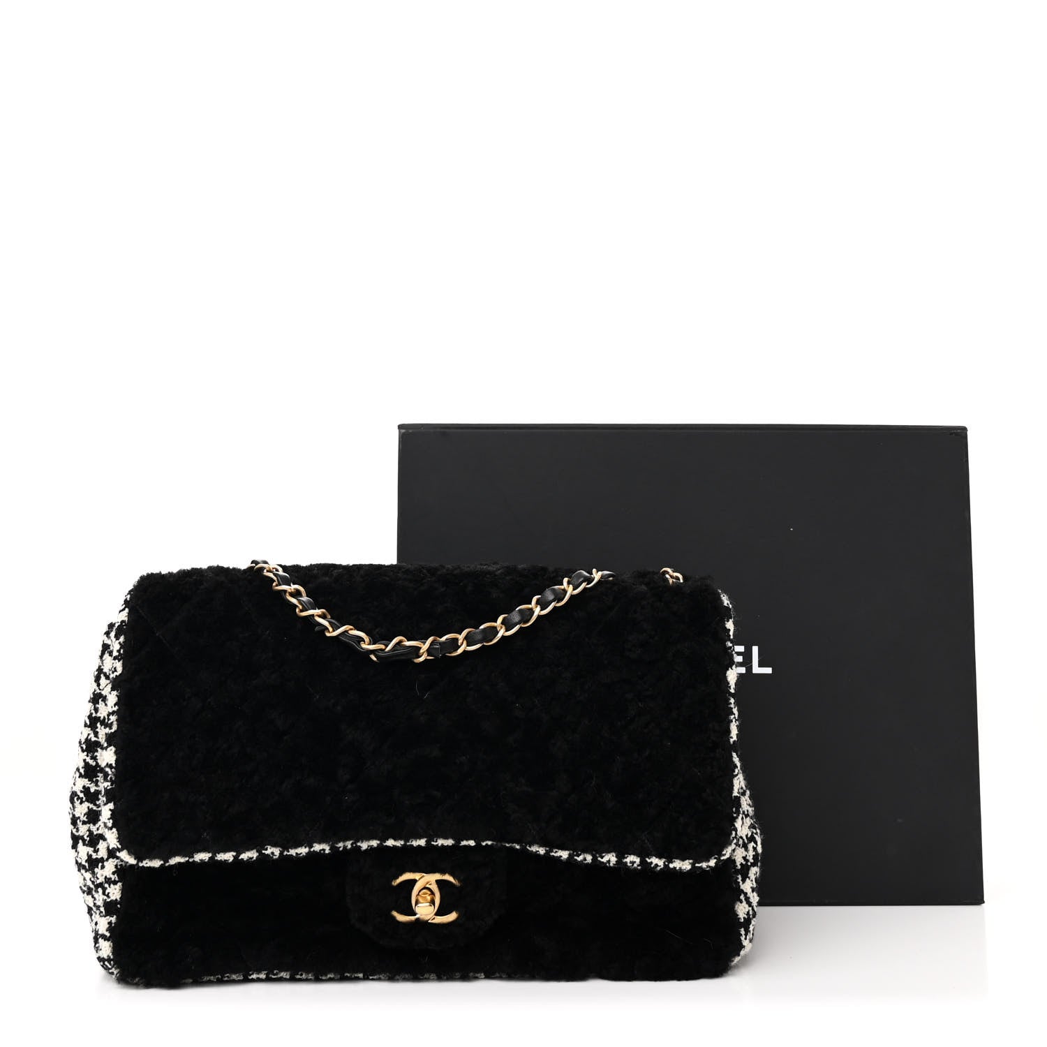 Shearling Tweed Jumbo Single Flap Black White