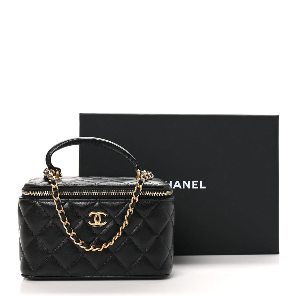 Lambskin Quilted Small Top Handle Vanity Case With Chain Black