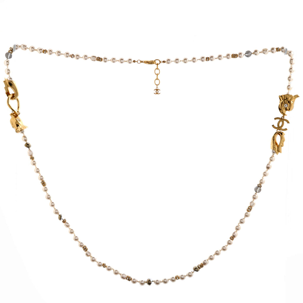 CC Fish Head Long Necklace Pearls and Crystal Embellished Metal with Beads