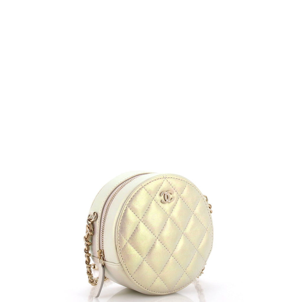 Round Clutch with Chain Quilted Iridescent Lambskin Mini