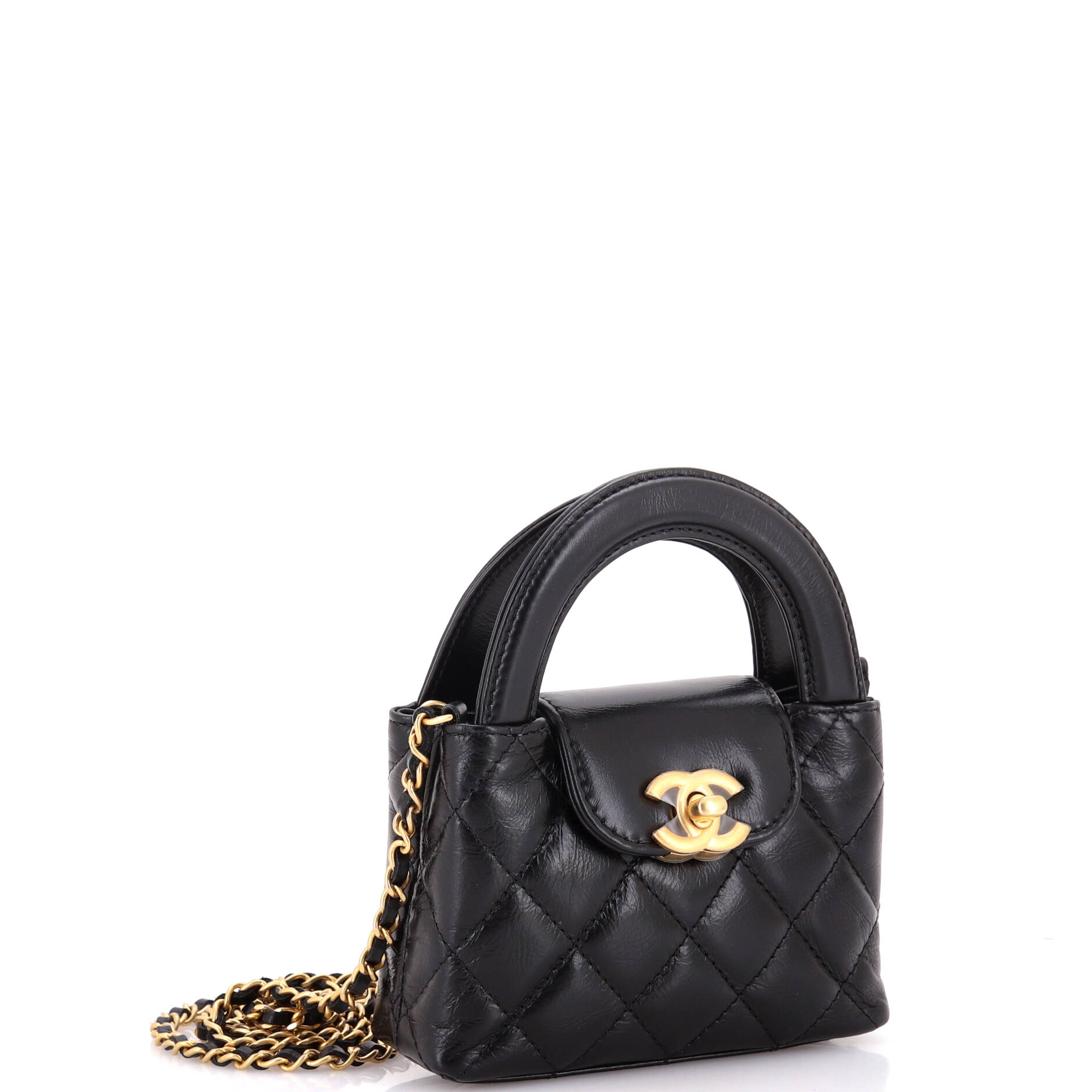 Kelly Top Handle Clutch with Chain Quilted Shiny Aged Calfskin