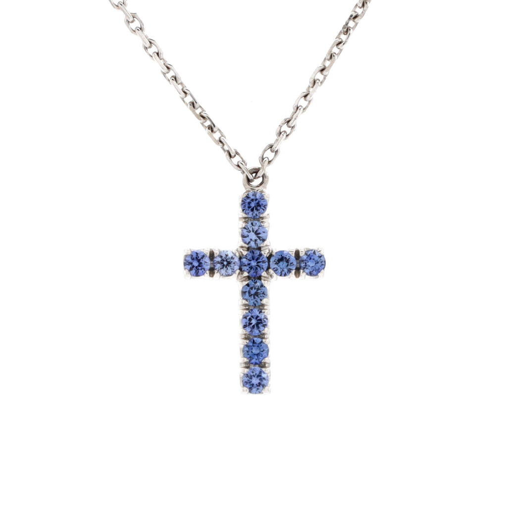 Cross Pendant Necklace 18K White Gold and Blue Sapphires