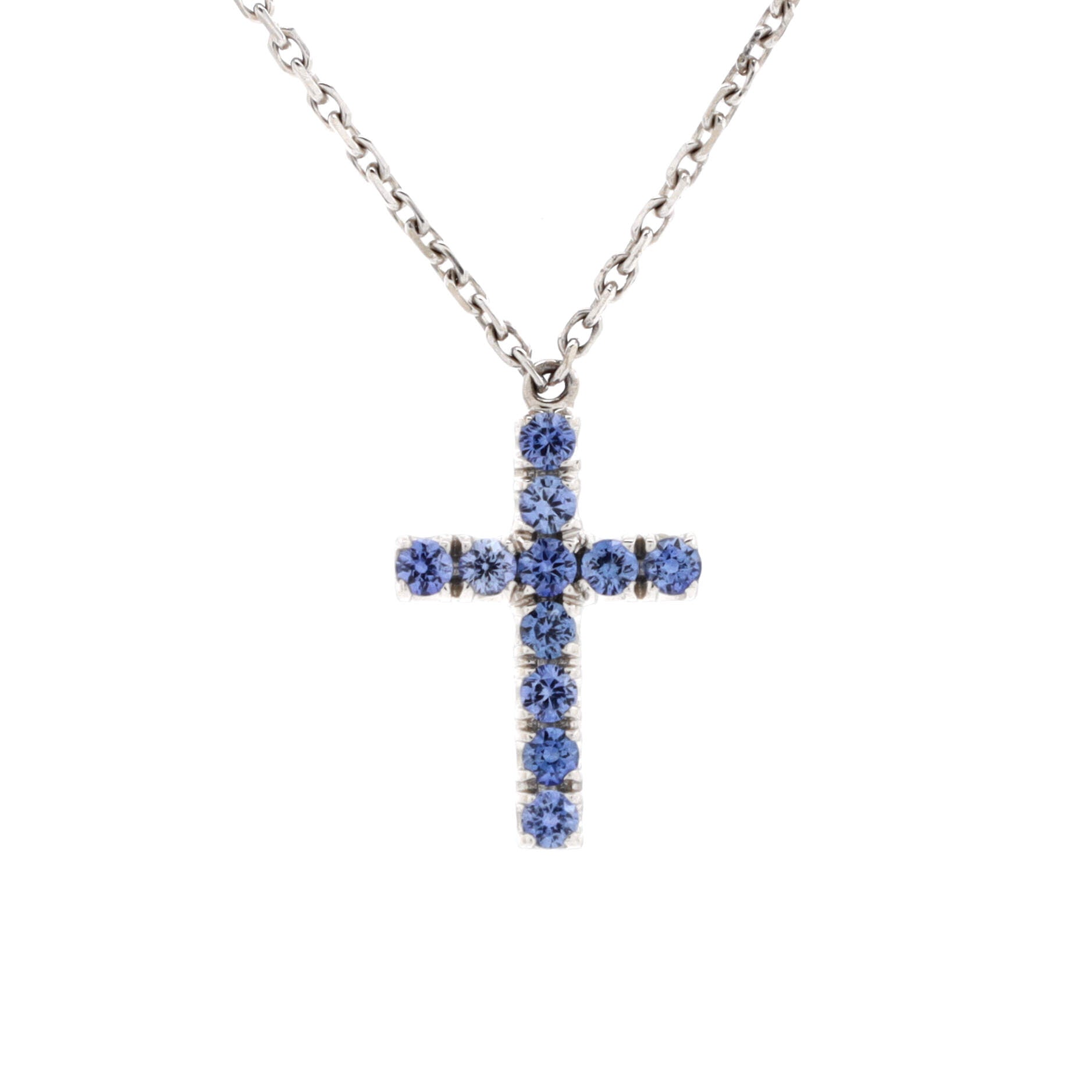 Cross Pendant Necklace 18K White Gold and Blue Sapphires