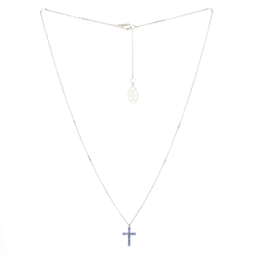 Cross Pendant Necklace 18K White Gold and Blue Sapphires