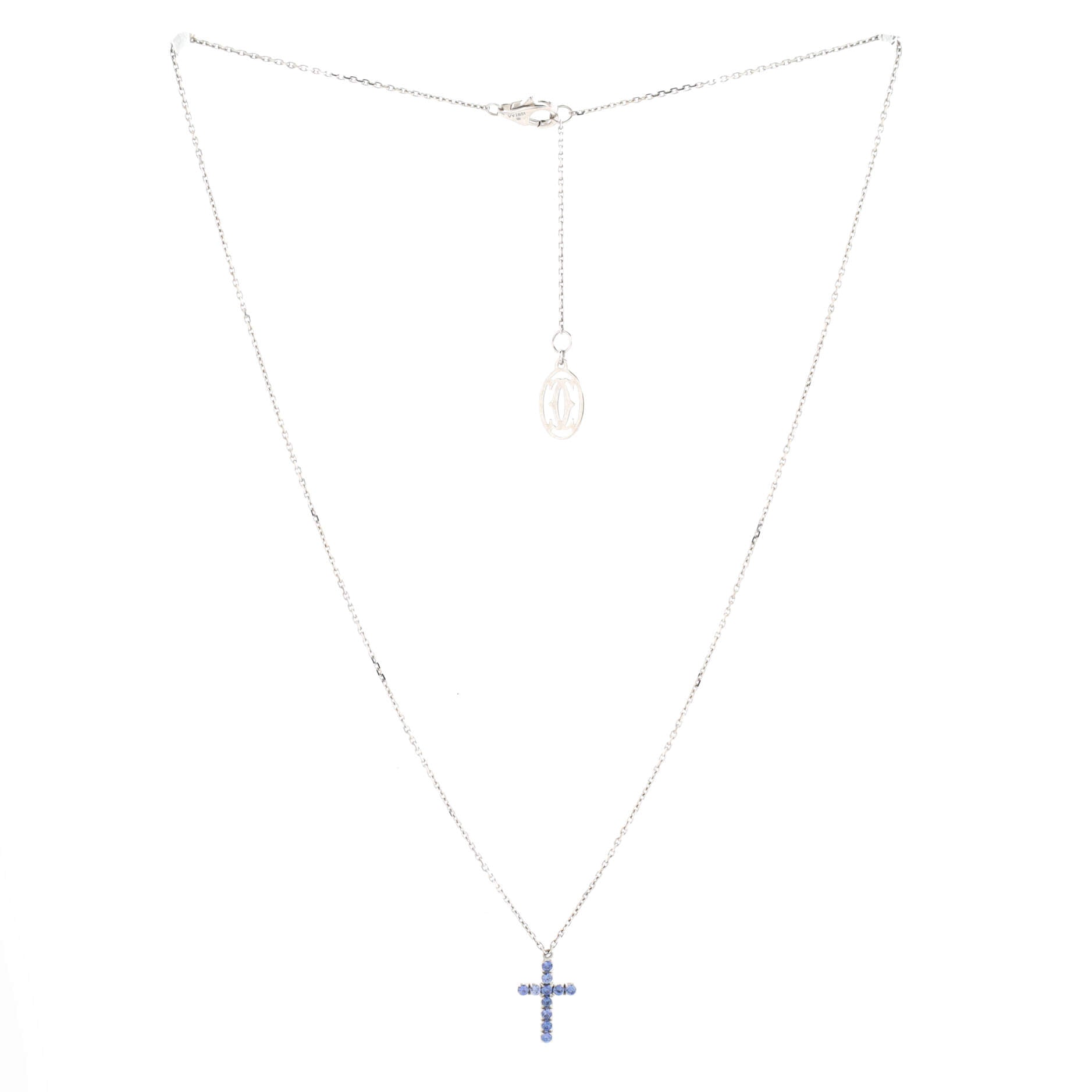 Cross Pendant Necklace 18K White Gold and Blue Sapphires