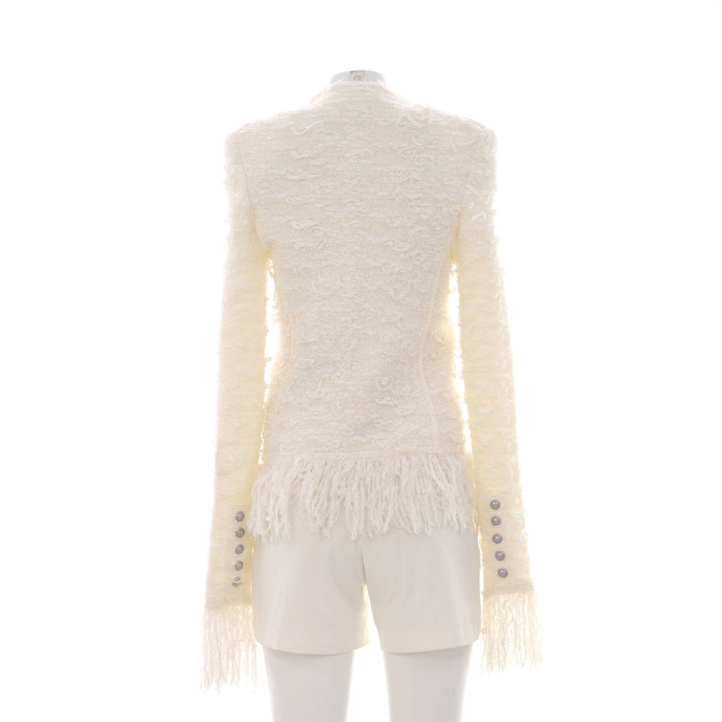 Women's Fringe Trim Collarless Pocket Jacket Tweed