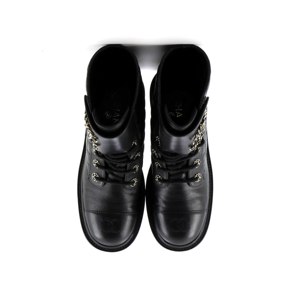 Women's Chain CC Cap Toe Lace Up Combat Boots Quilted Leather