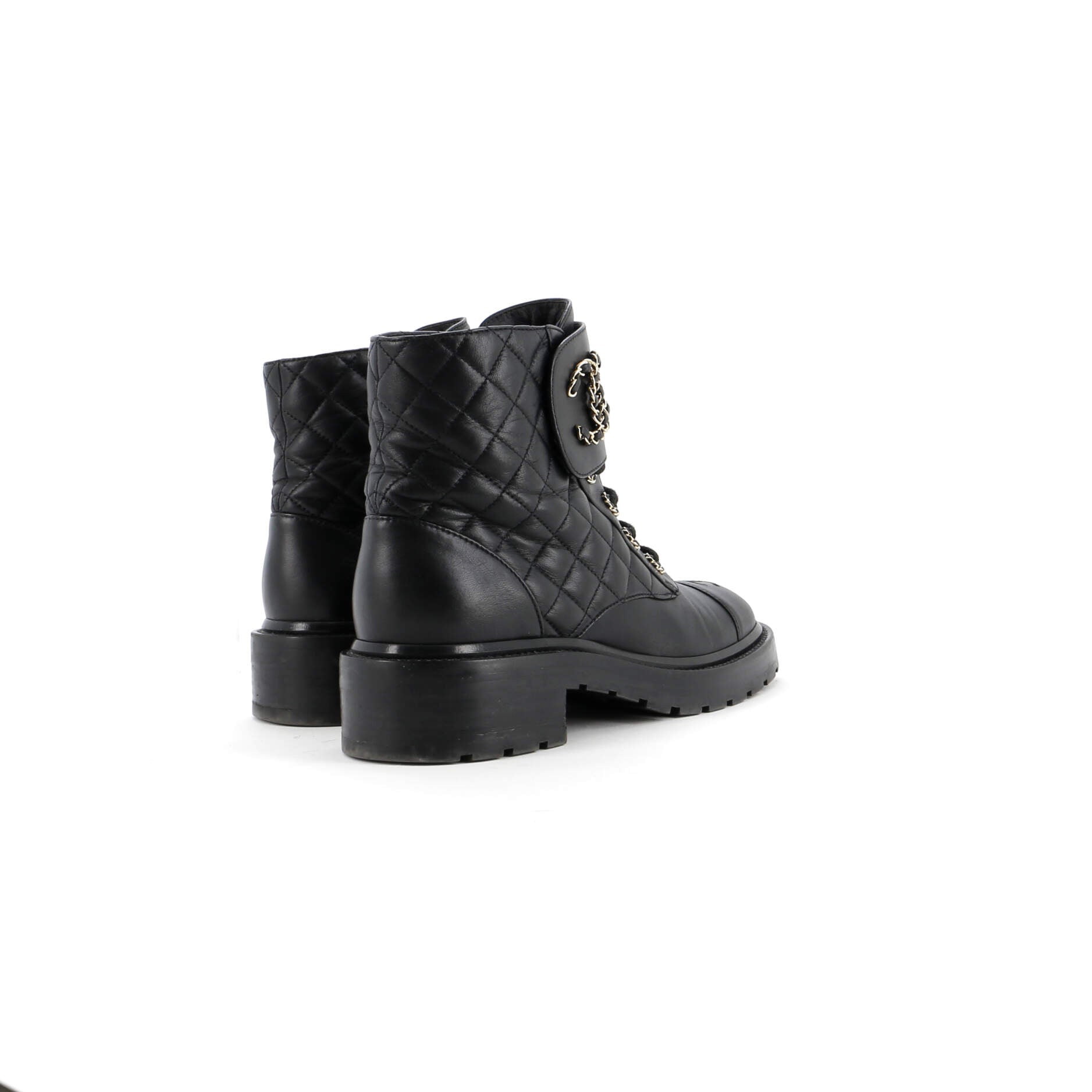 Women's Chain CC Cap Toe Lace Up Combat Boots Quilted Leather
