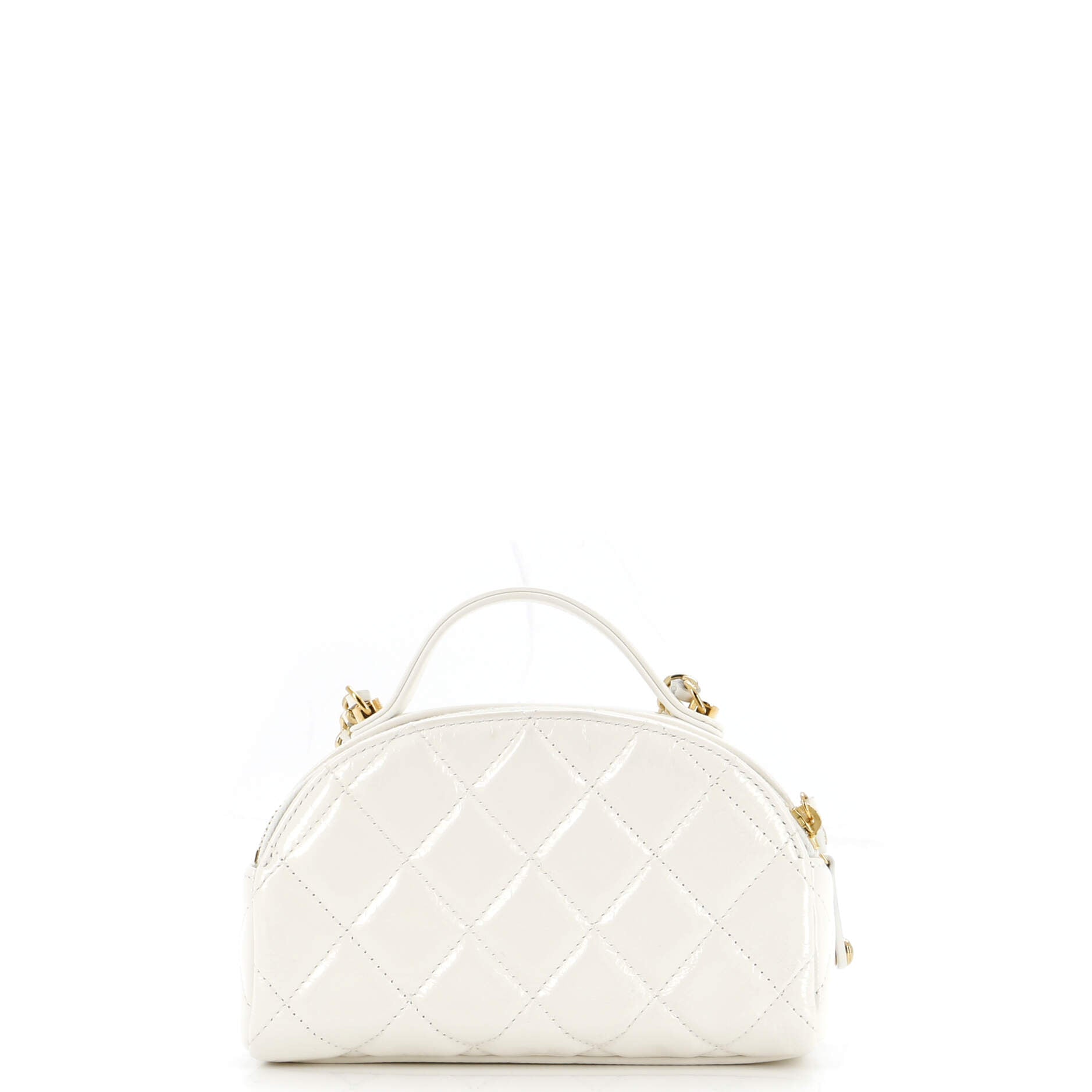 Double Zip Top Handle Vanity Case with Chain Quilted Shiny Calfskin