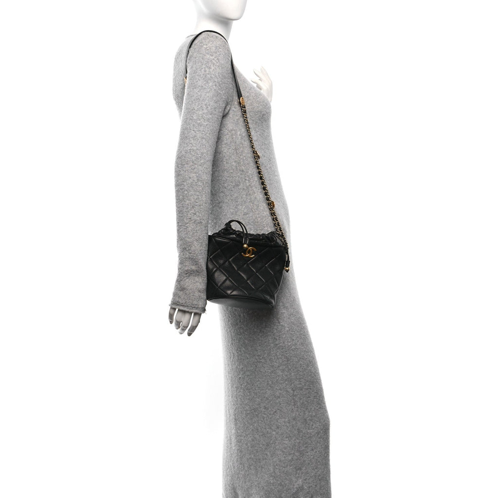Caviar Quilted Twist Your Buttons Bucket Bag Black