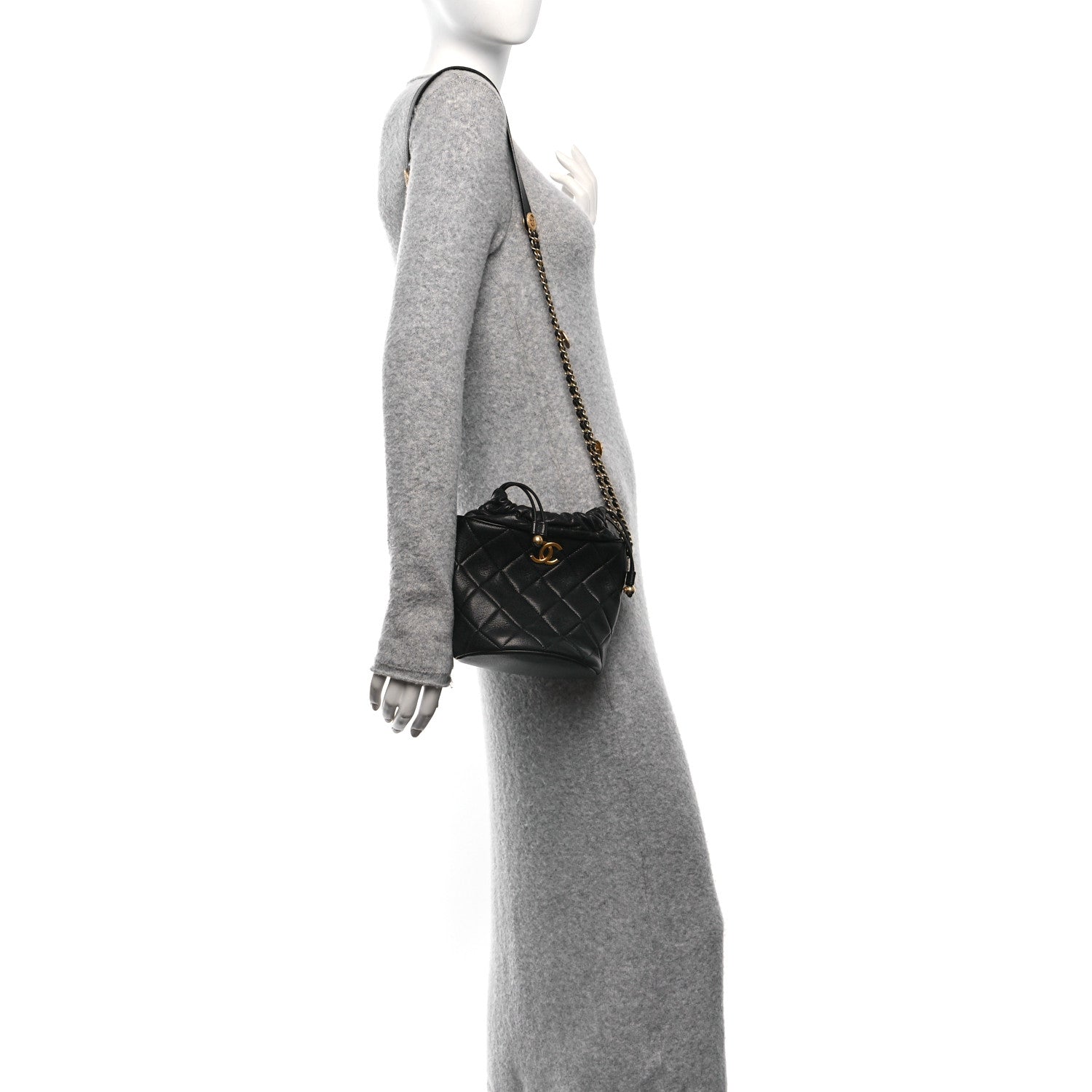 Caviar Quilted Twist Your Buttons Bucket Bag Black