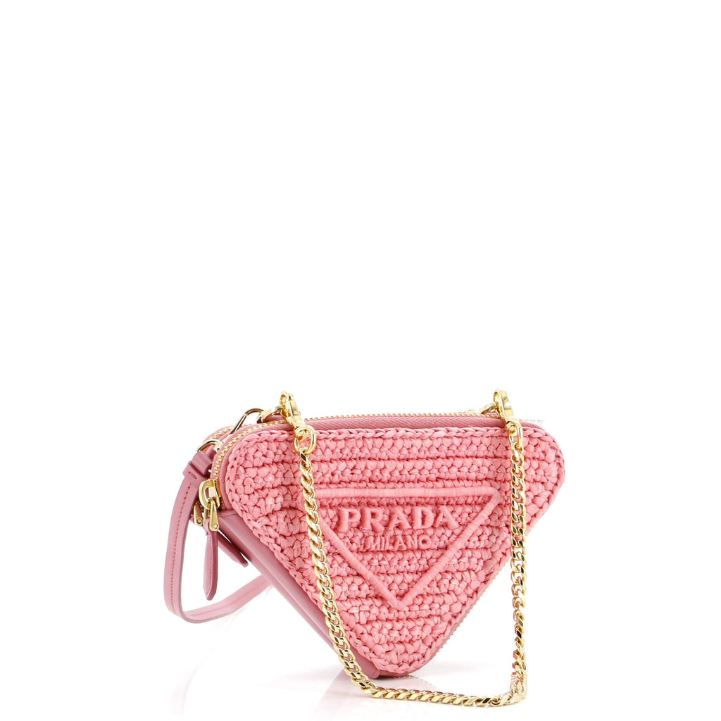 Triangle Logo Zip Around Shoulder Bag Raffia and Leather Mini