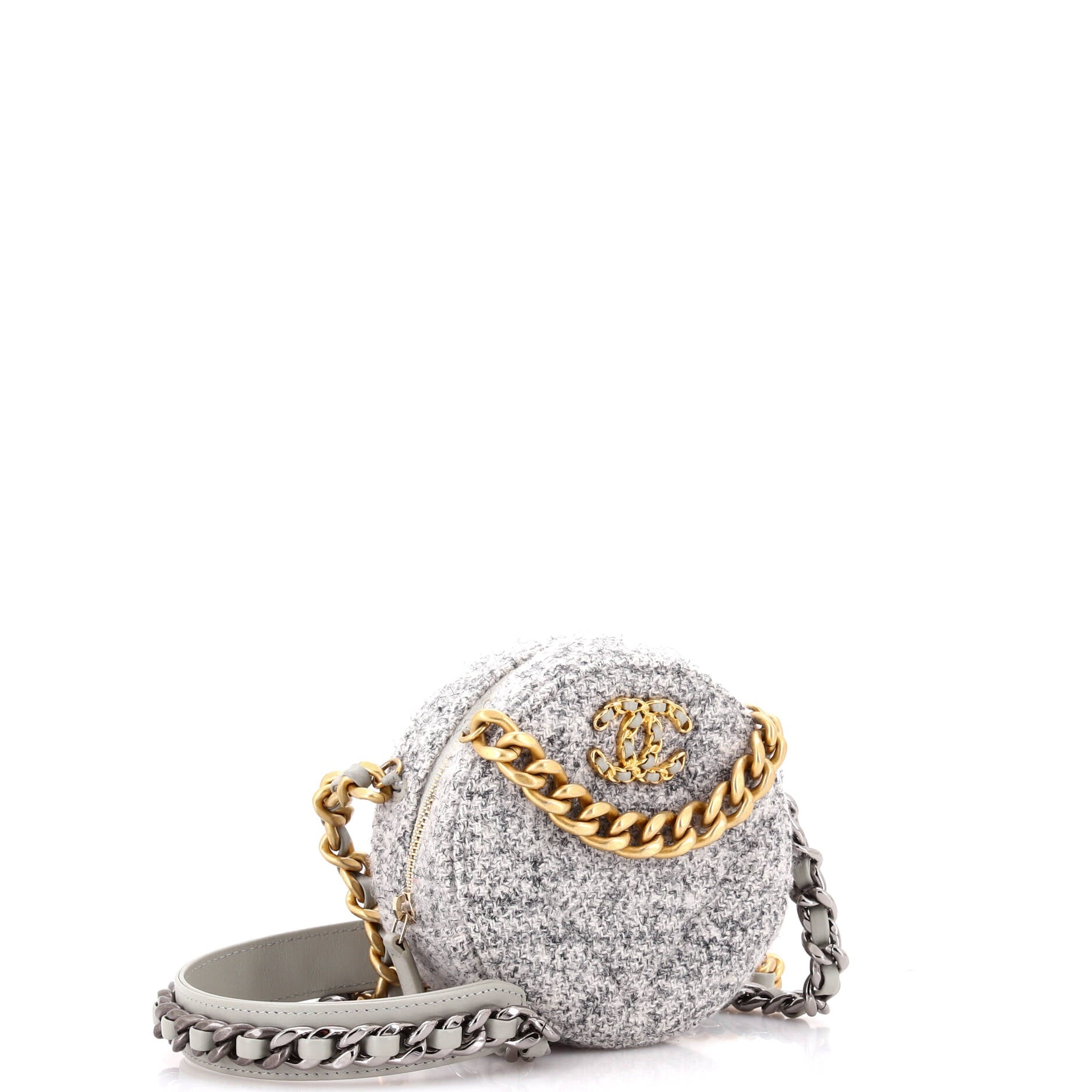 19 Round Clutch with Chain Quilted Tweed