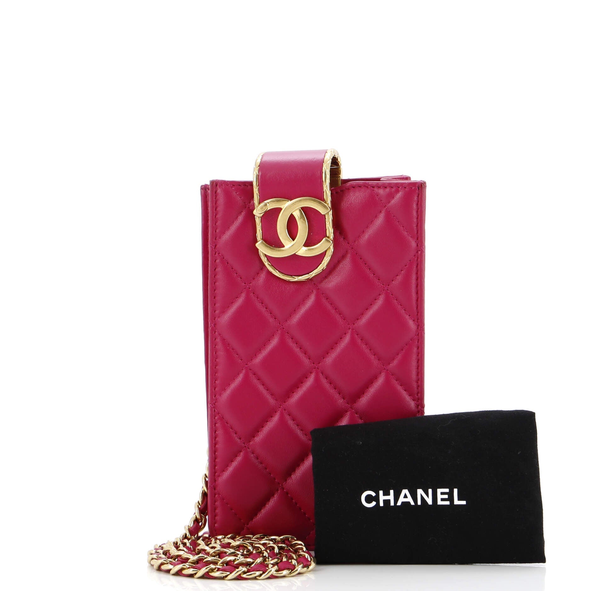 Quilt Metal Edge CC Phone Holder with Chain Quilted Lambskin