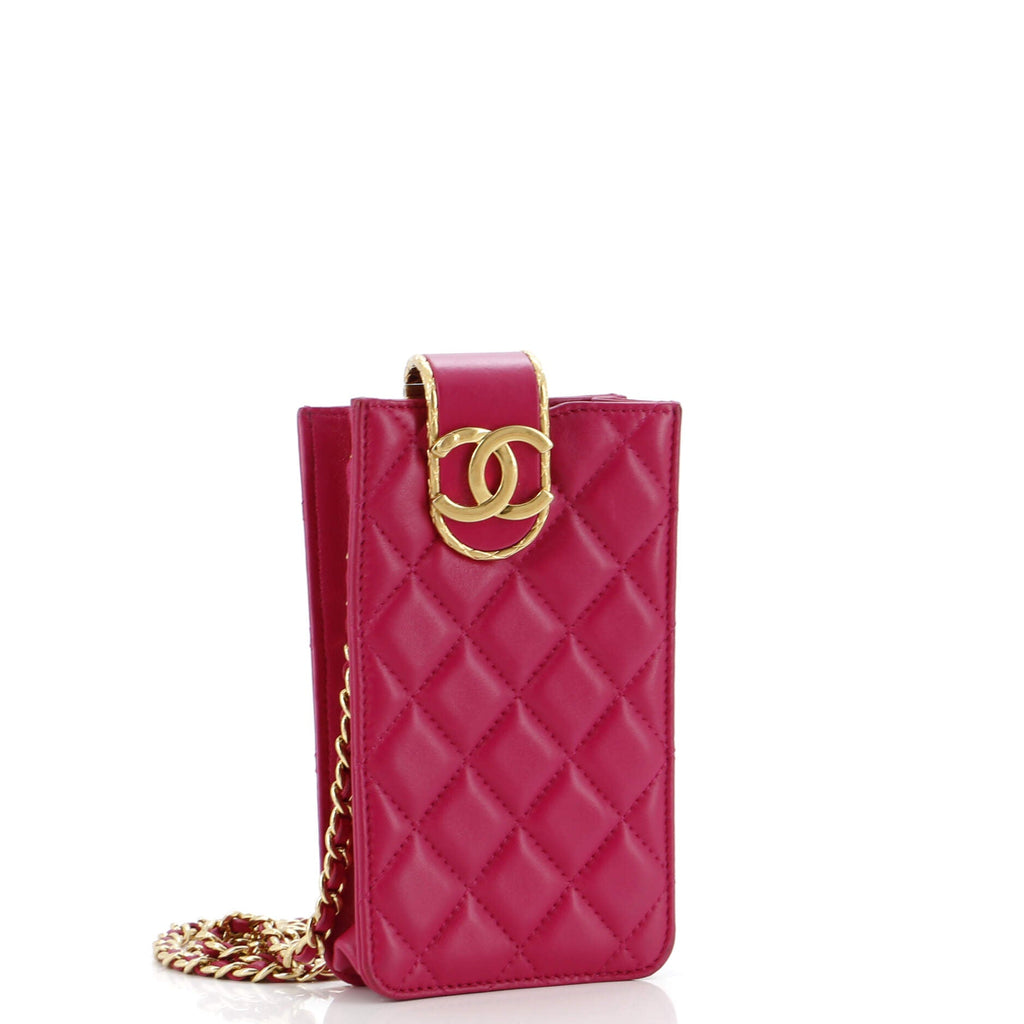 Quilt Metal Edge CC Phone Holder with Chain Quilted Lambskin