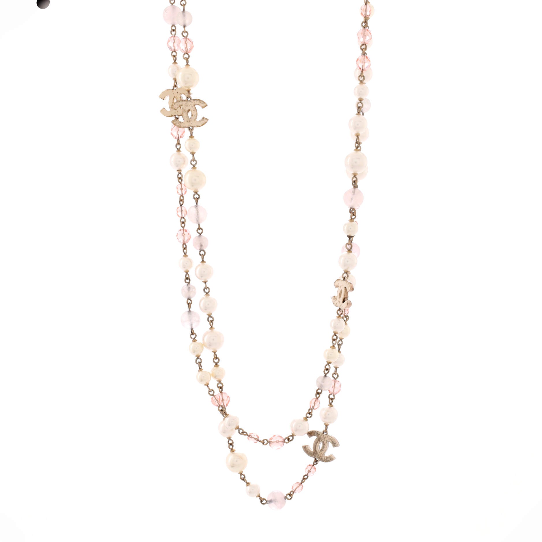 CC Coco Long Necklace Metal with Faux Pearl and Beads