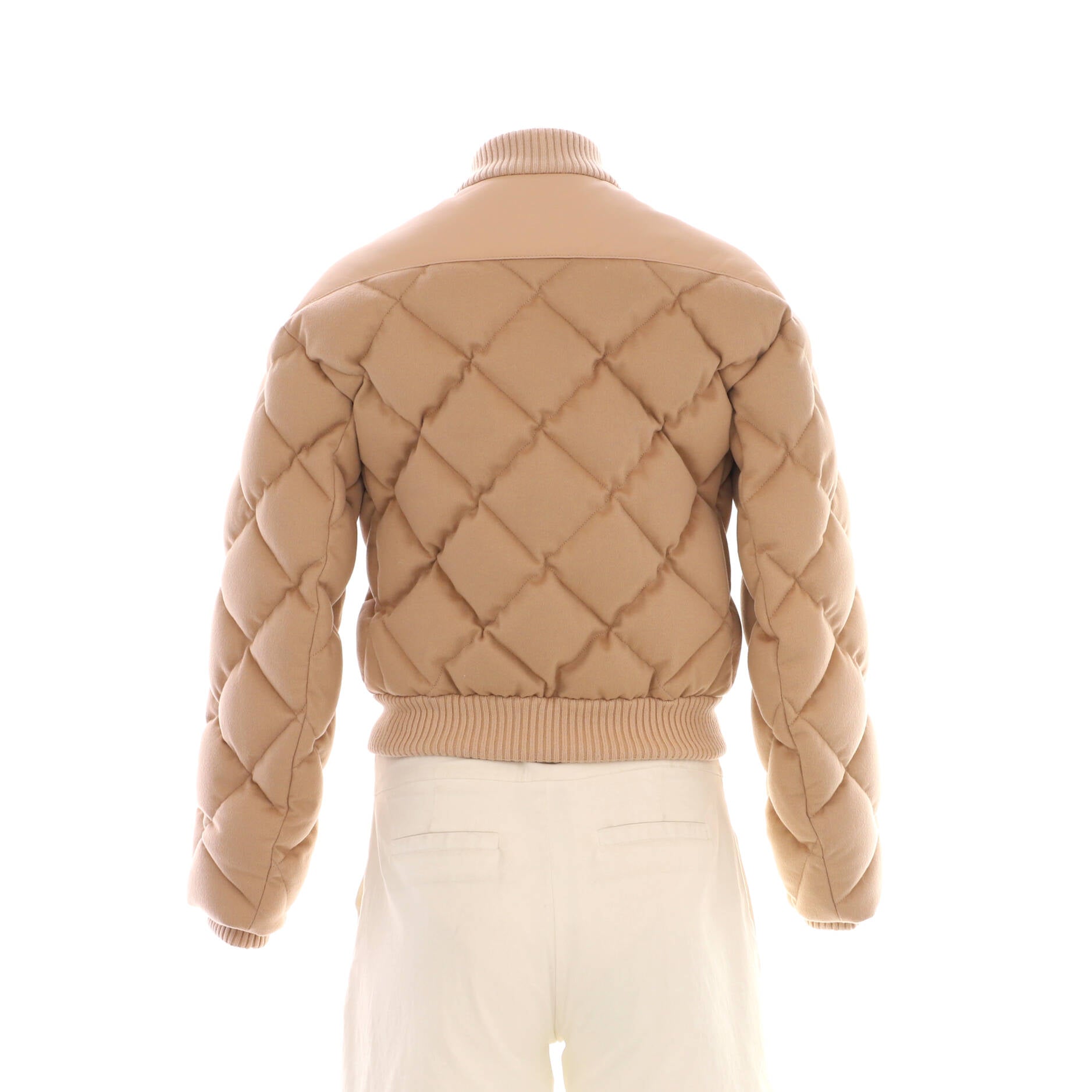 Women's Short Puffer Jacket Quilted Cashmere with Leather