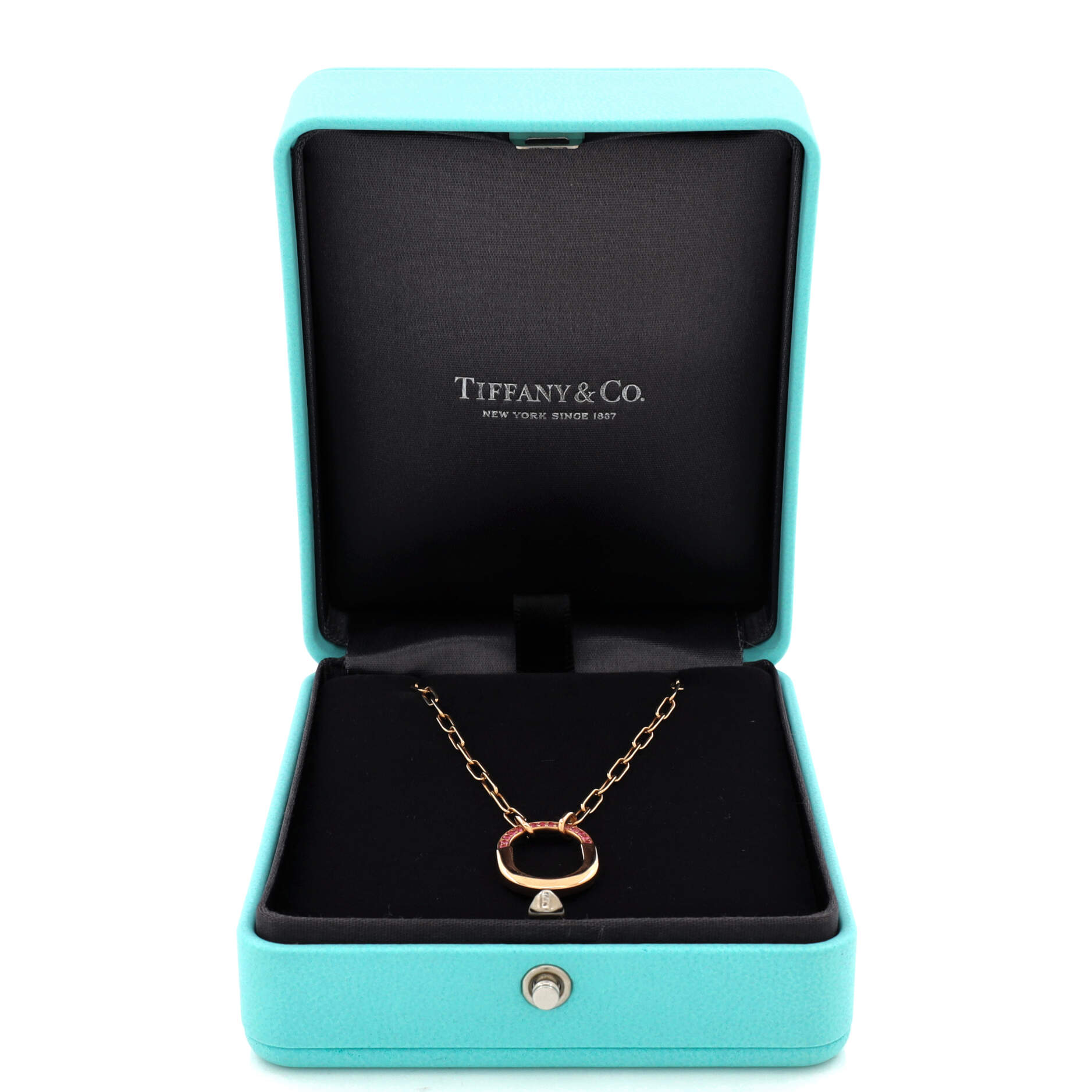 Lock Motif Pendant Necklace 18K Rose Gold with Pink Sapphires Medium