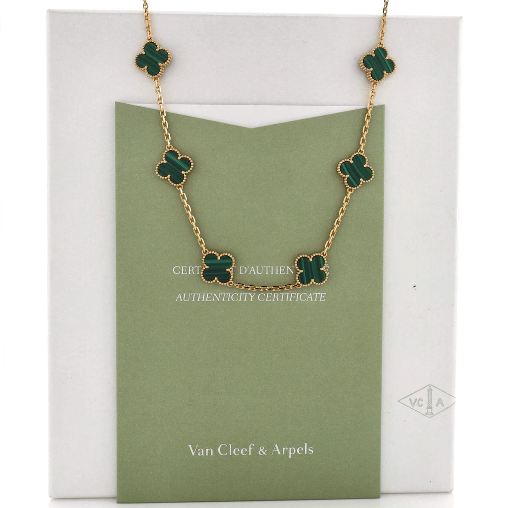 Vintage Alhambra 10 Motifs Necklace 18K Yellow Gold and Malachite