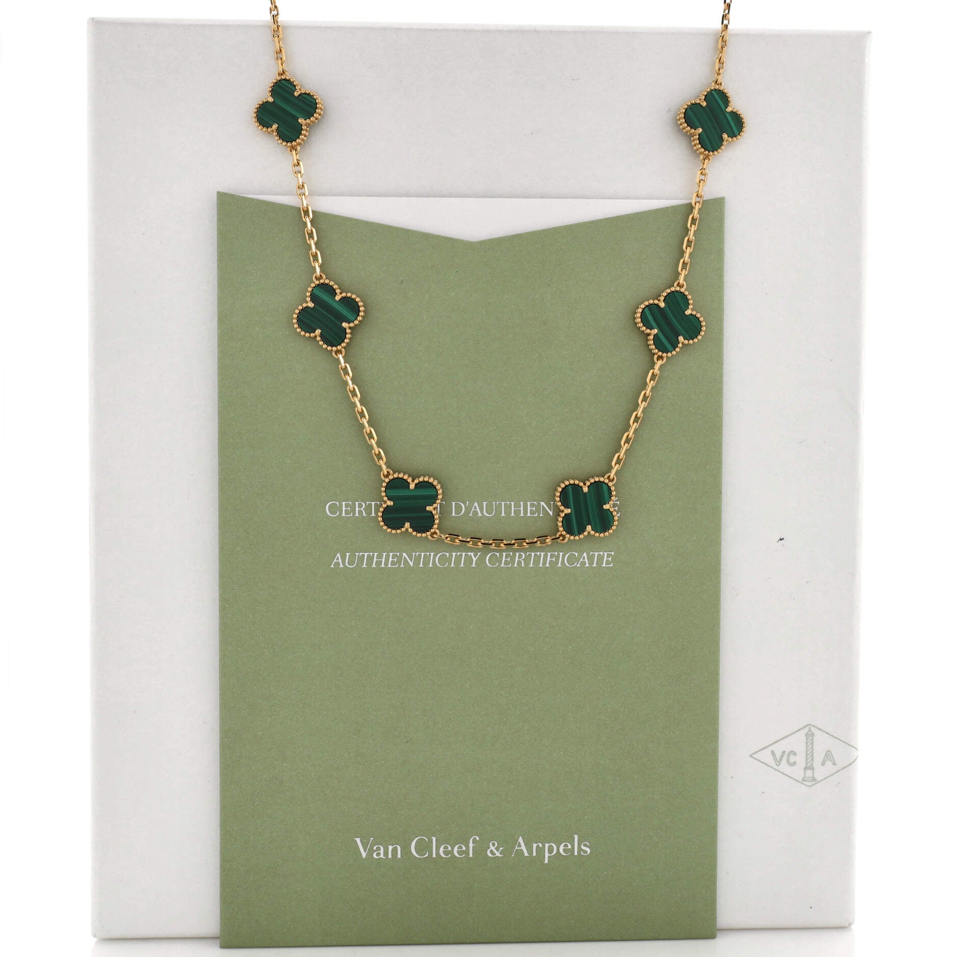 Vintage Alhambra 10 Motifs Necklace 18K Yellow Gold and Malachite