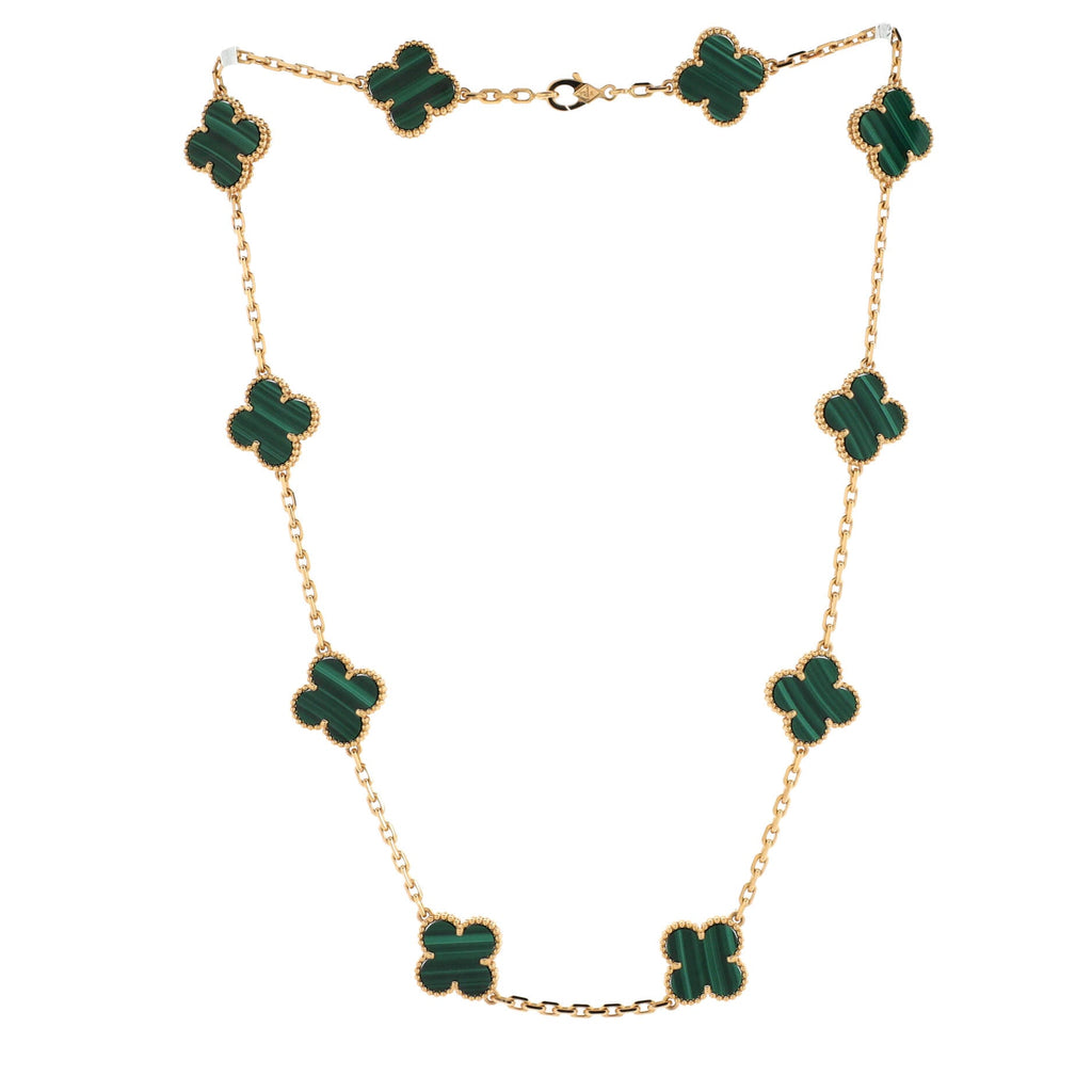 Vintage Alhambra 10 Motifs Necklace 18K Yellow Gold and Malachite