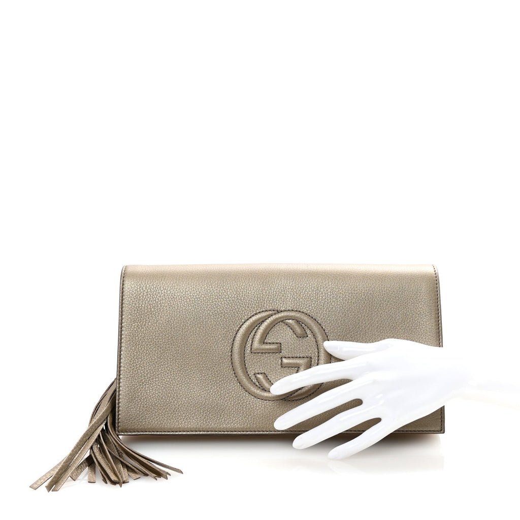 Metallic Pebbled Calfskin Medium Soho Clutch Golden Beige