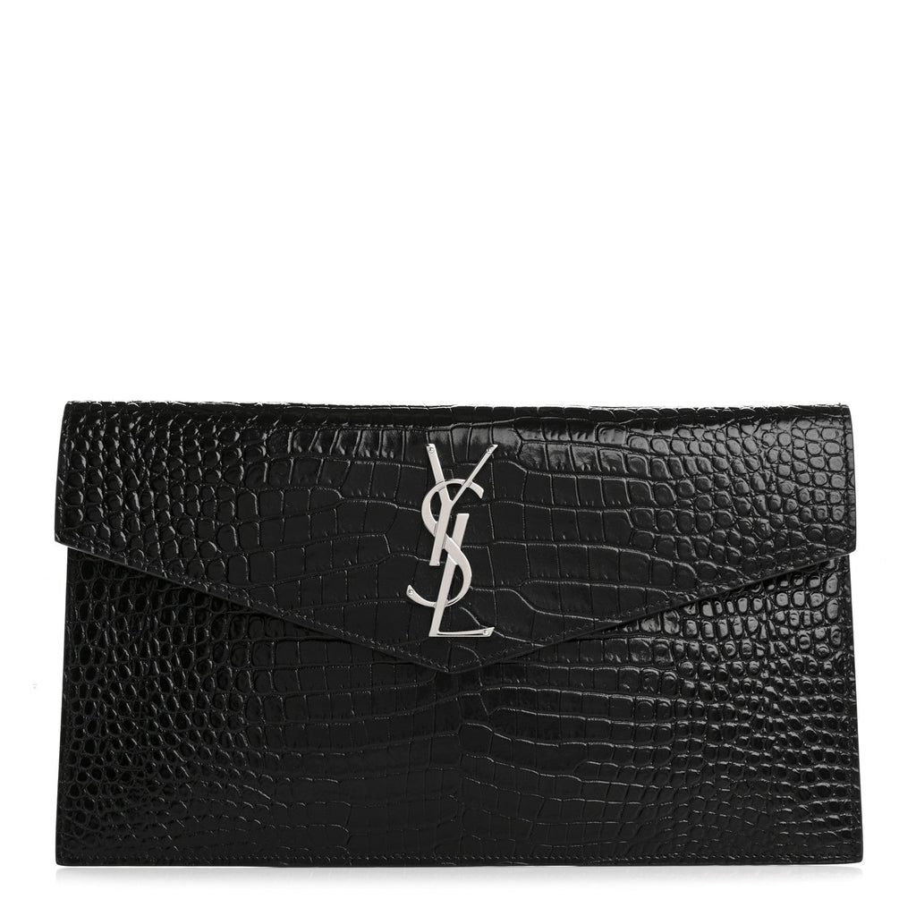 Calfskin Crocodile Embossed Uptown Monogram Pouch Black