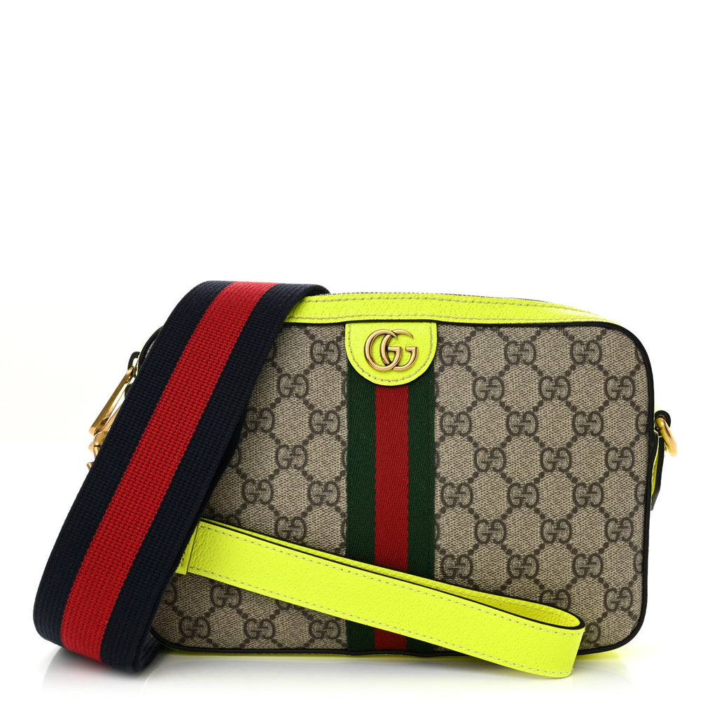 GG Supreme Monogram Textured Dollar Calfskin Web Ophidia Wristlet Shoulder Bag Beige Ebony Fluo Yellow