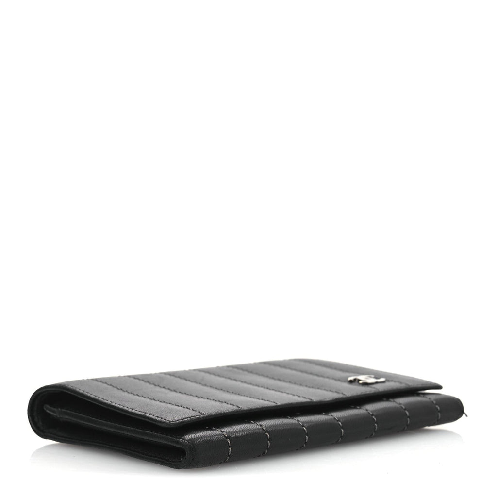 Lambskin Vertical Quilted Mademoiselle Compact Wallet Black