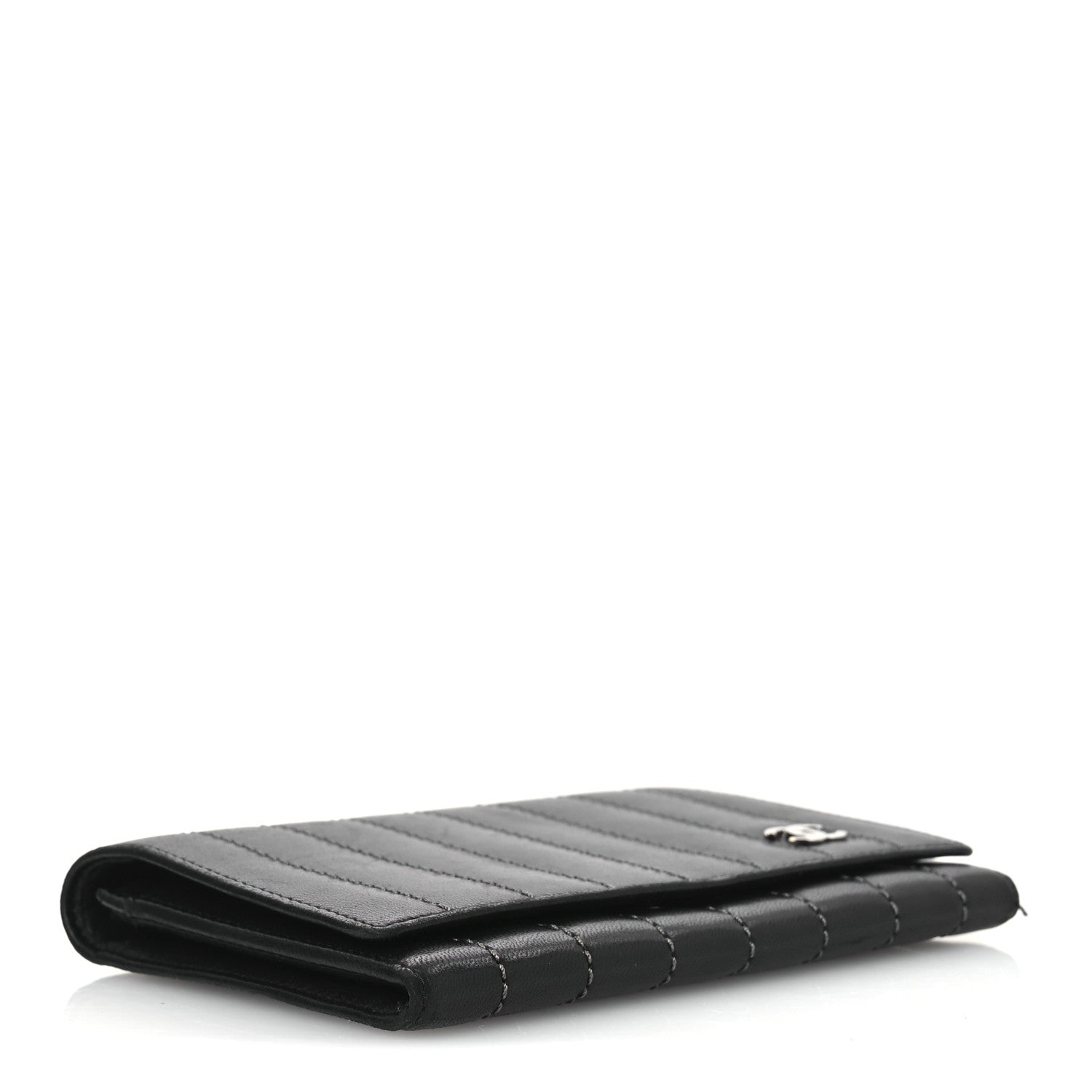 Lambskin Vertical Quilted Mademoiselle Compact Wallet Black