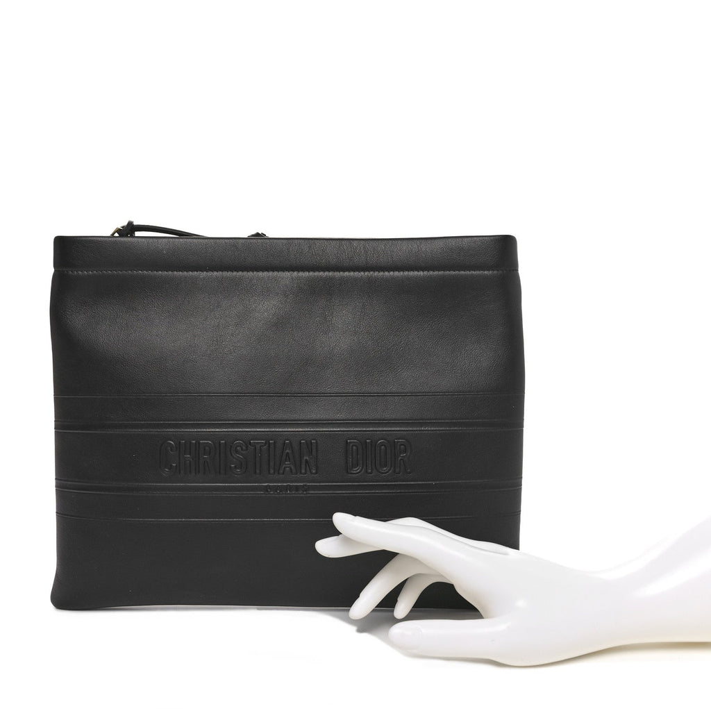 Calfskin Medium Diordouble Zip Pouch Black