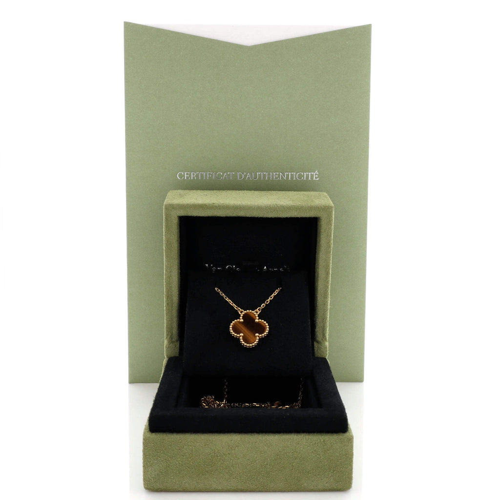 Vintage Alhambra Pendant Necklace 18K Yellow Gold and Tiger Eye