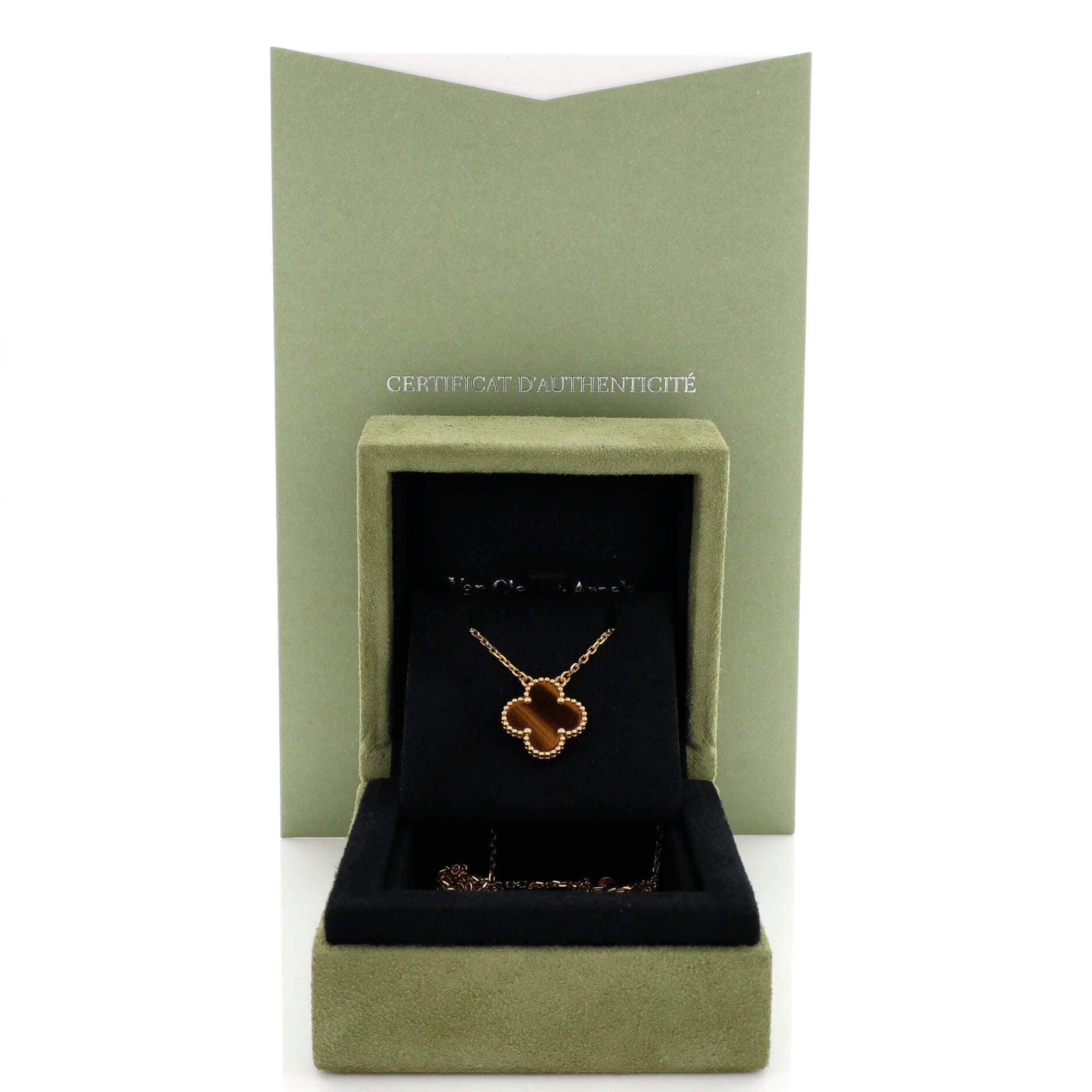 Vintage Alhambra Pendant Necklace 18K Yellow Gold and Tiger Eye