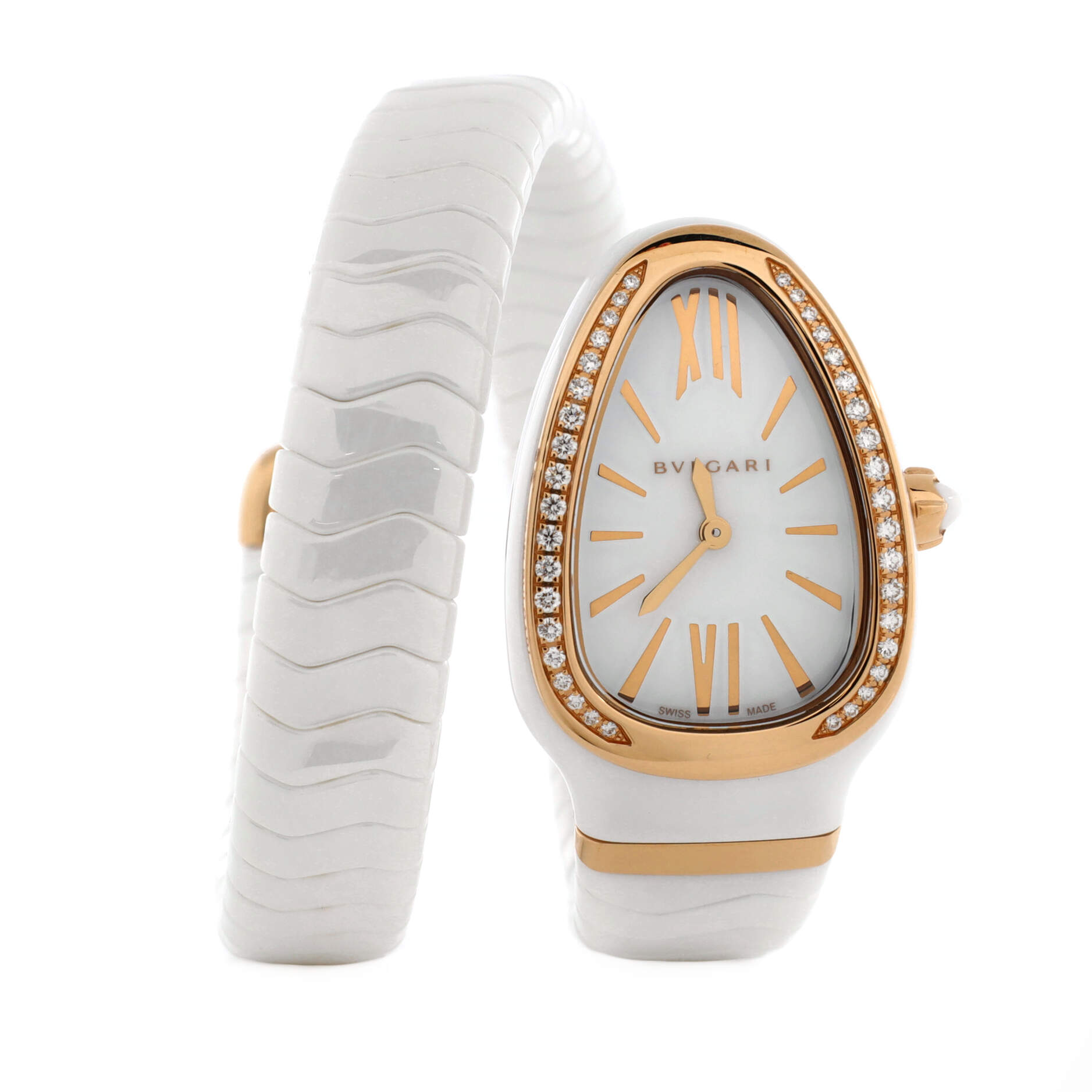 Serpenti Spiga Single Spiral Quartz Watch Ceramic and Rose Gold with Diamond Bezel 23
