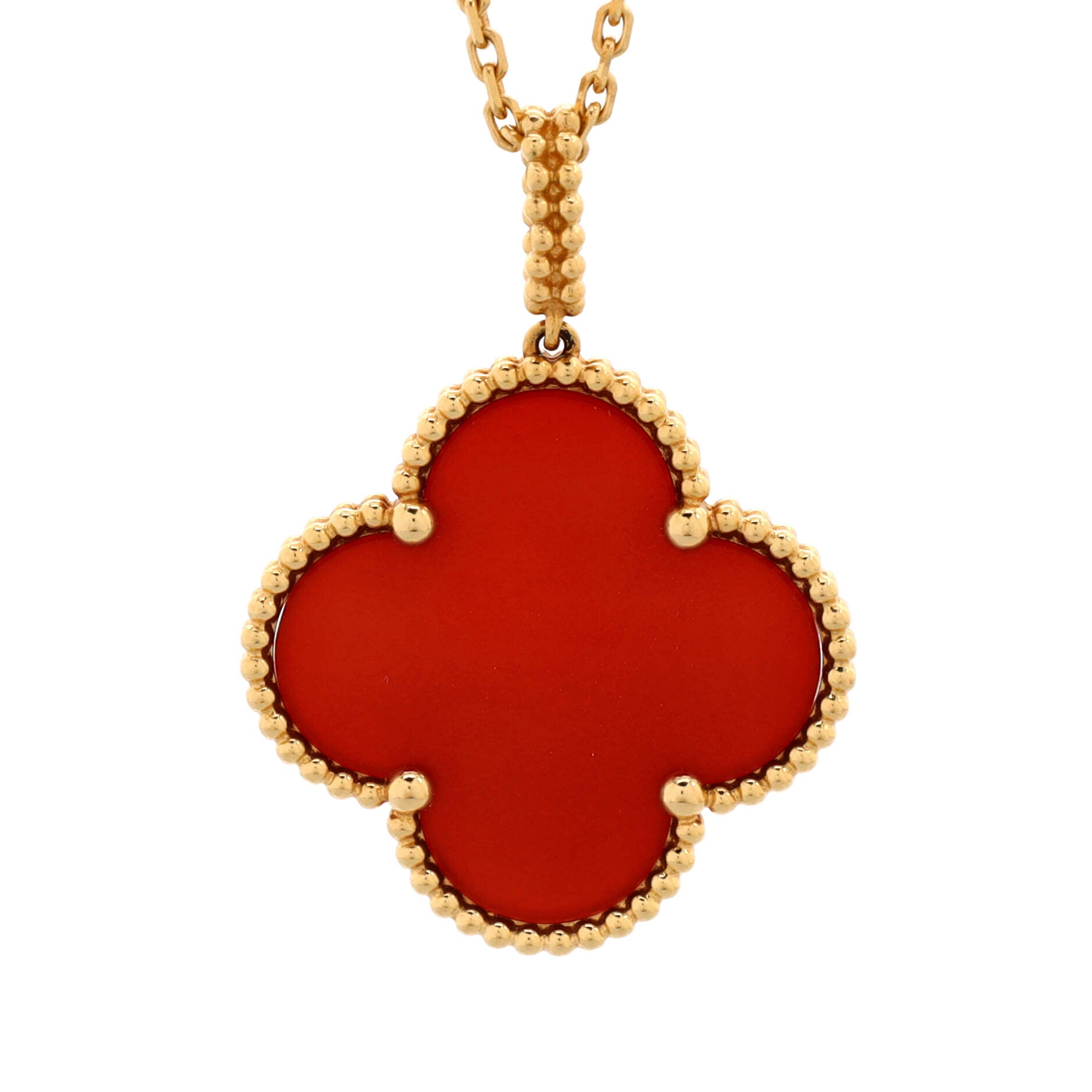 Magic Alhambra Pendant Long Necklace 18K Yellow Gold and Carnelian