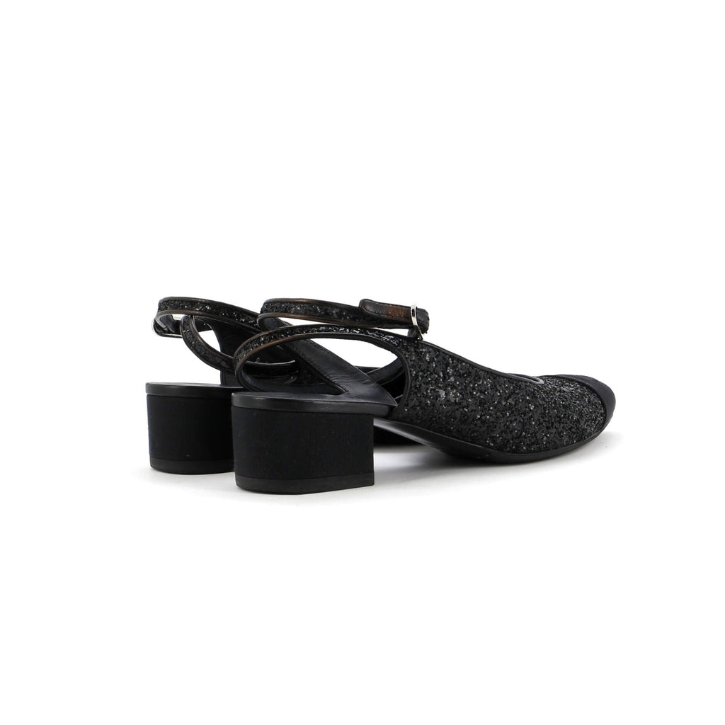 Women's CC Cap Toe Ankle Strap Slingback Pumps Glitter Leather with Grosgrain
