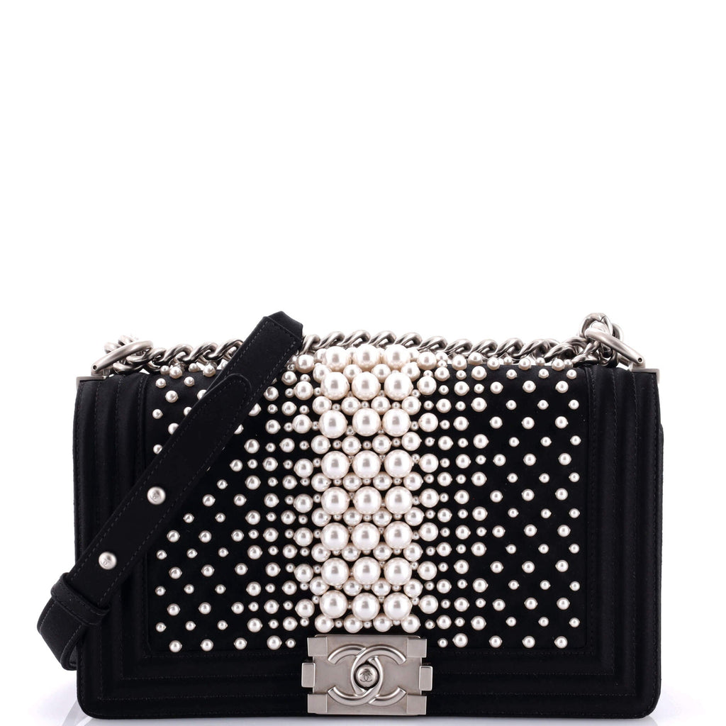 Boy Flap Bag Pearl Embellished Satin Old Medium