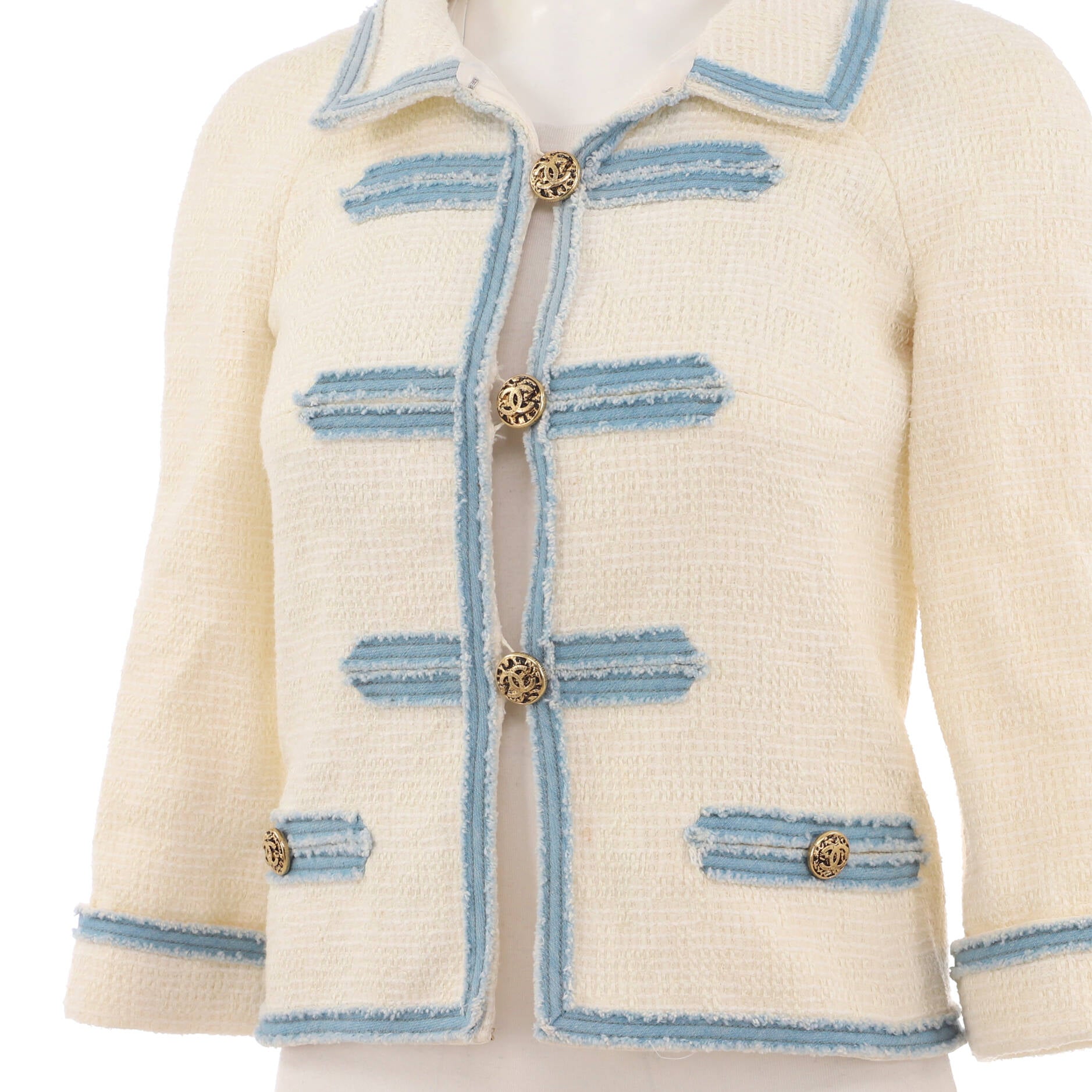 Women's Denim Trim Cropped Sleeve Button Up Jacket Tweed