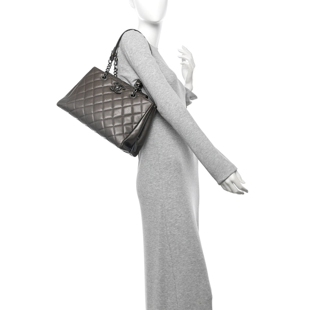 Metallic Goatskin Quilted Large City Rock Shopping Bag Silver