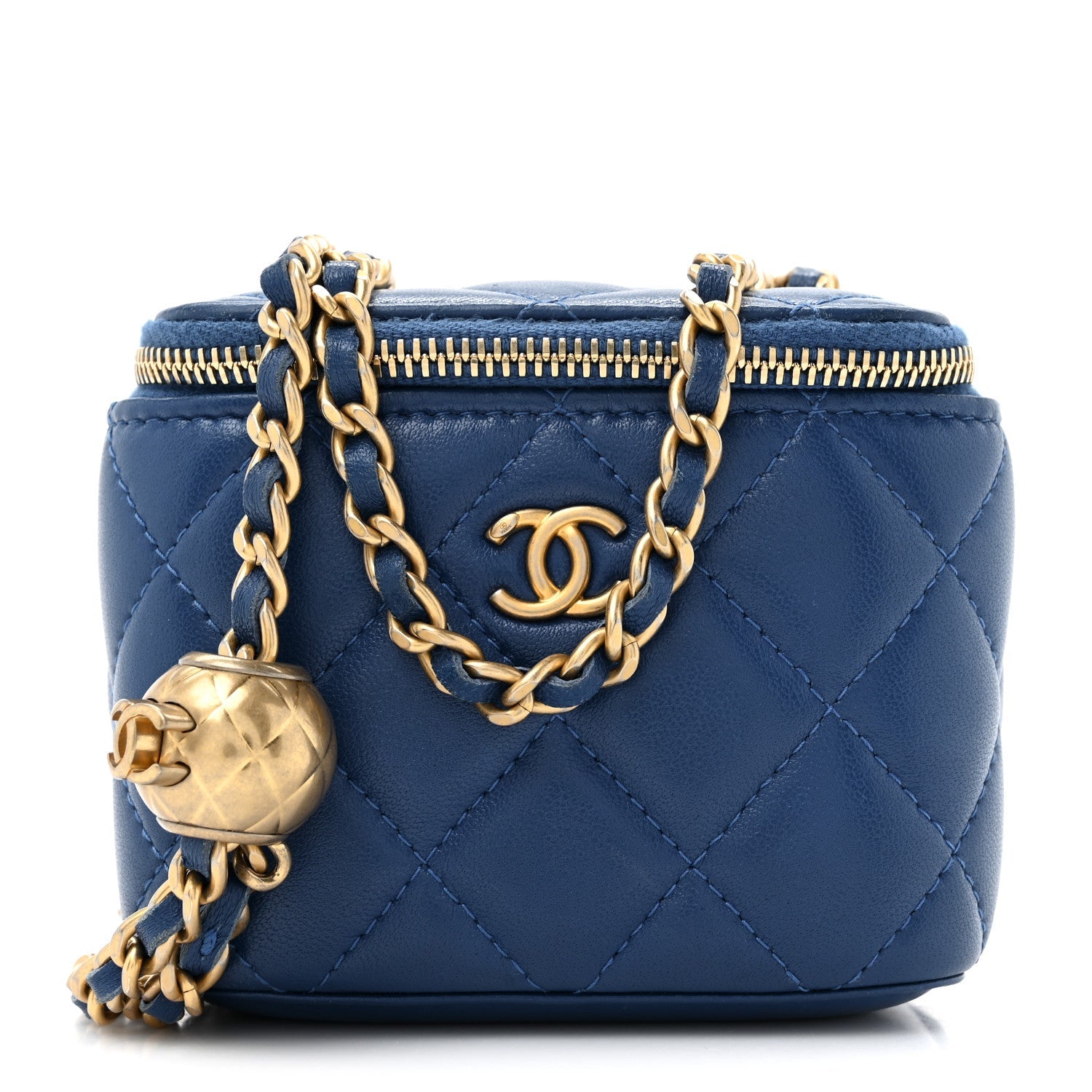 Lambskin Quilted Pearl Crush Mini Vanity Case With Chain Blue