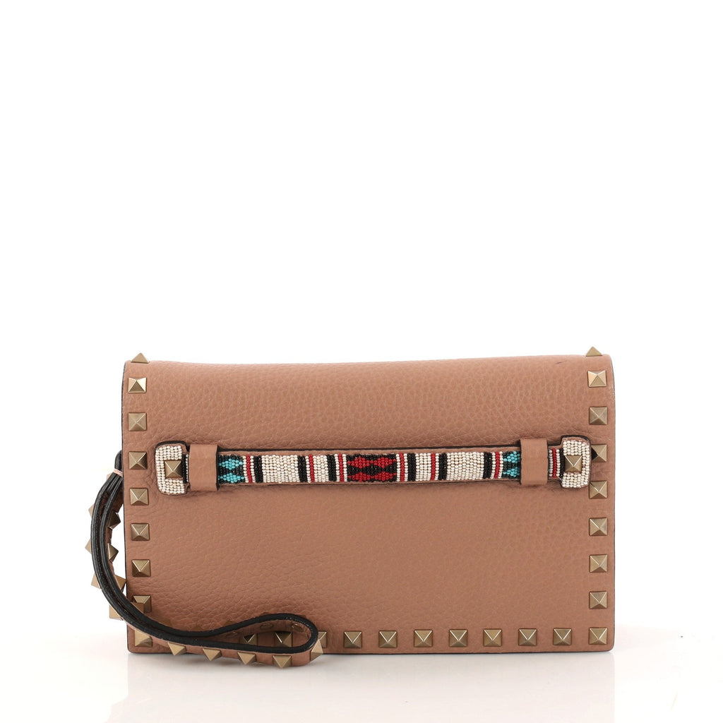 Rockstud Flap Clutch Beaded Leather Small