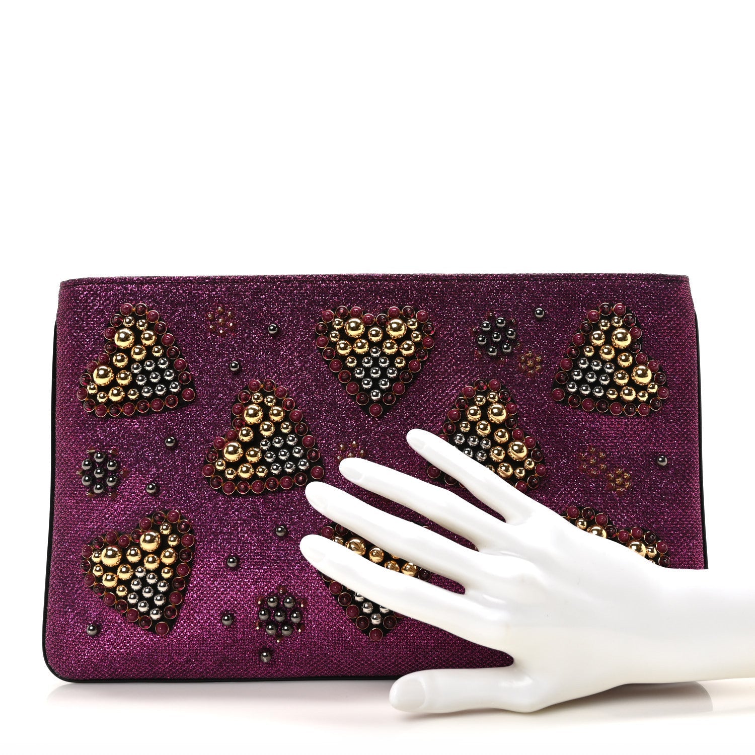 Metallic Raffia Studded Loubiposh Chain Clutch Magenta