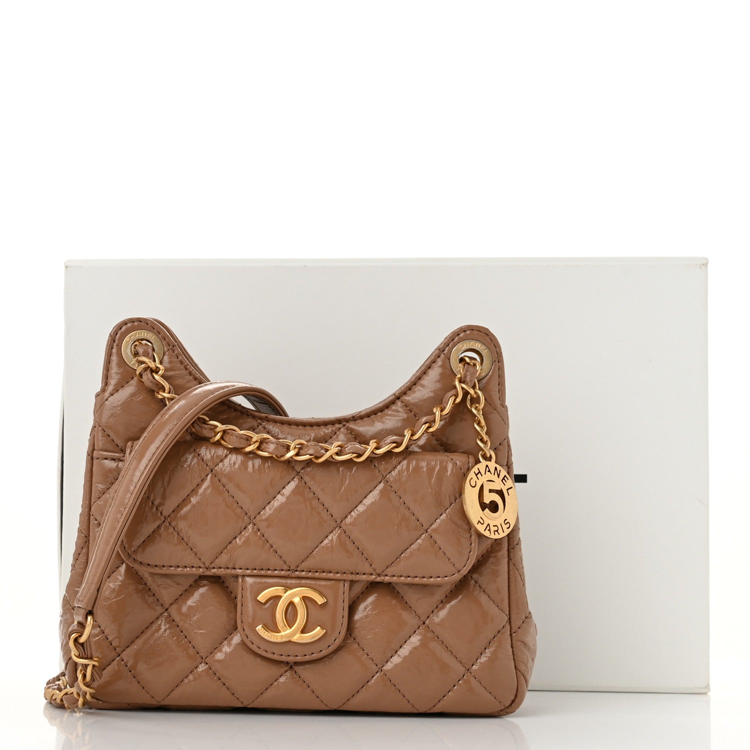 Shiny Crumpled Calfskin Quilted Small Wavy CC Hobo Dark Beige