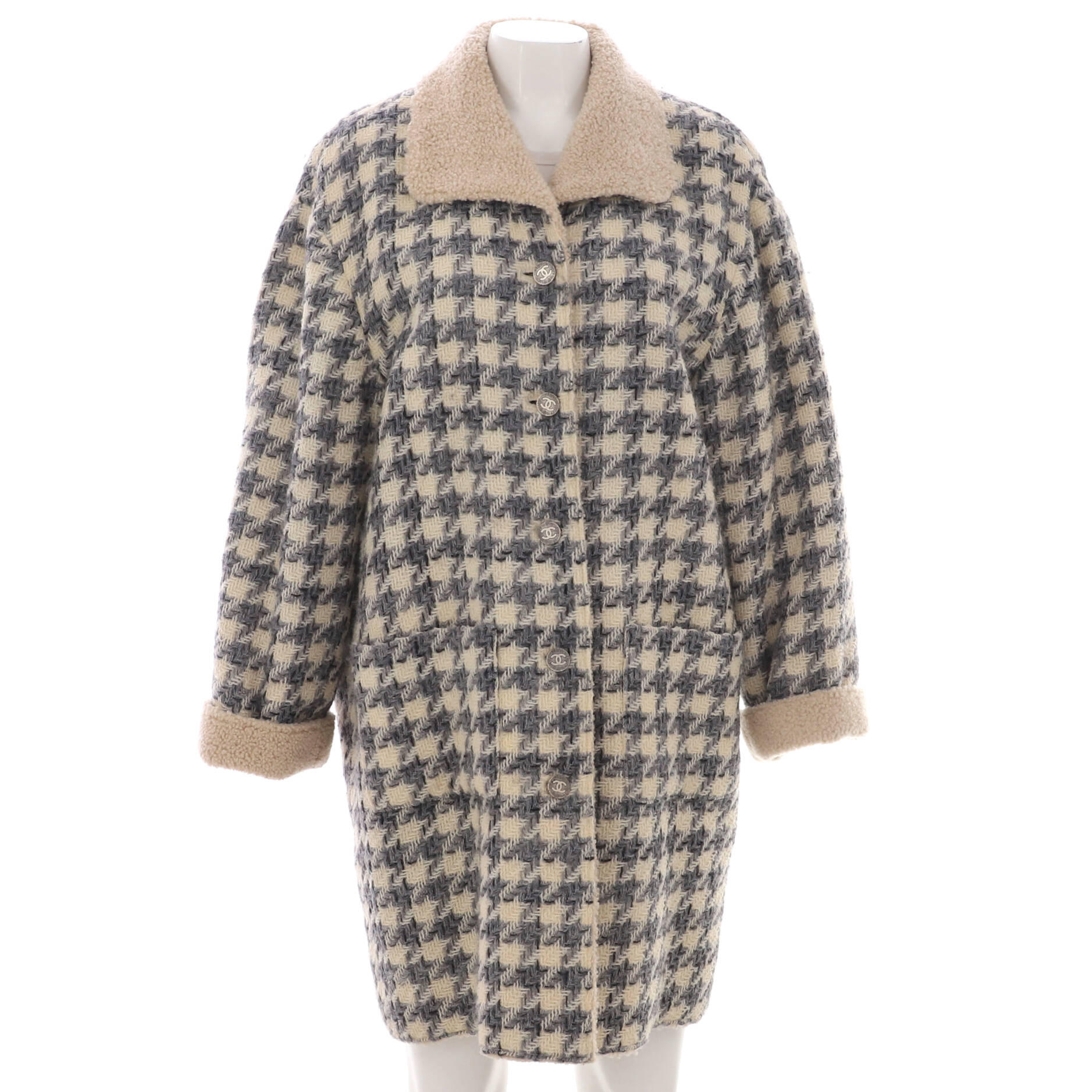Women's Vintage Houndstooth Button Up Coat Wool Blend with Shearling