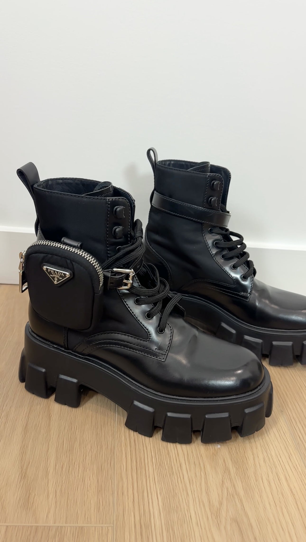 Prada Black Leather Re-Nylon Monolith Ankle Boot with Pouch - 37.5