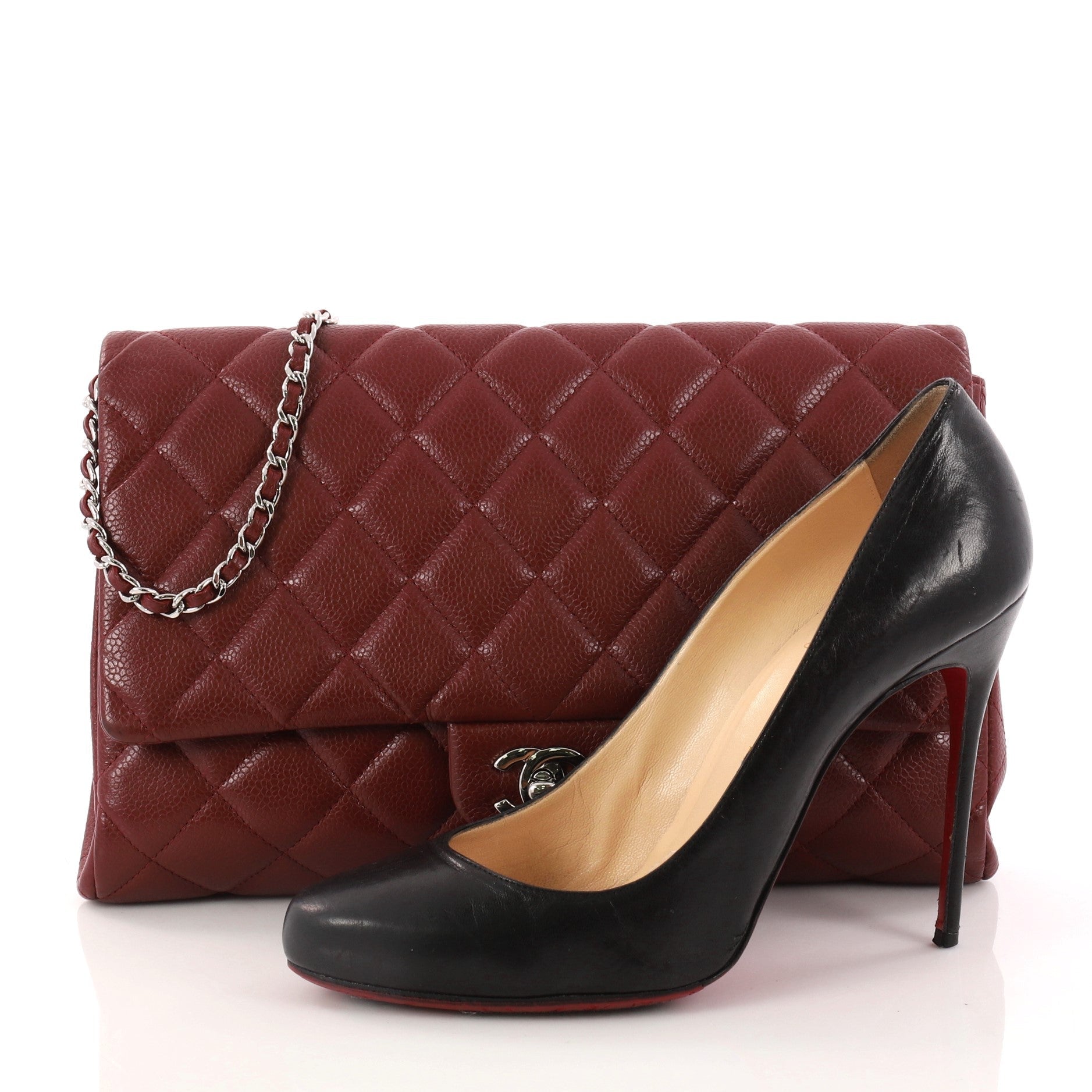 Clutch with Chain Quilted Caviar